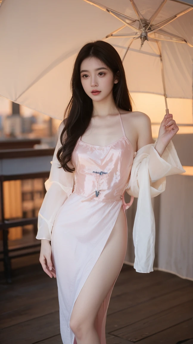 Beautiful 25 year old tall and slender woman。perfect legs. perfect face. She is fashion model. She is staying in the old classic church. She is wearing a wedding dress that a leg is visible. She is illuminated by sunset light. the evening church lights is on . her dark brawn hair. High resolution、masterpiece、highest quality、頭w:1.0、((Hasselblad Photos))、fine skin、(movie lighting)、clavicle . full body picture.