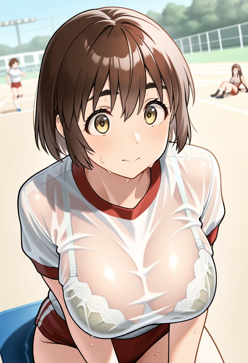 score_9, score_8_up, score_7_up, score_6_up, source anime, anime screencap, anime coloring, miwa, nipples, flat chest, shorts, overalls tan line, tanned skin, beach, blue sky, happy, looking at viewer, dynamic angle, solo, sweat, upper body, loli_, saliva, blush, tongue, open mouth, sweat, tongue out, close-up, saliva trail, after fellatio, penis, cum, penis, wet penis, saliva on penis, upper body, (side view:1.3),