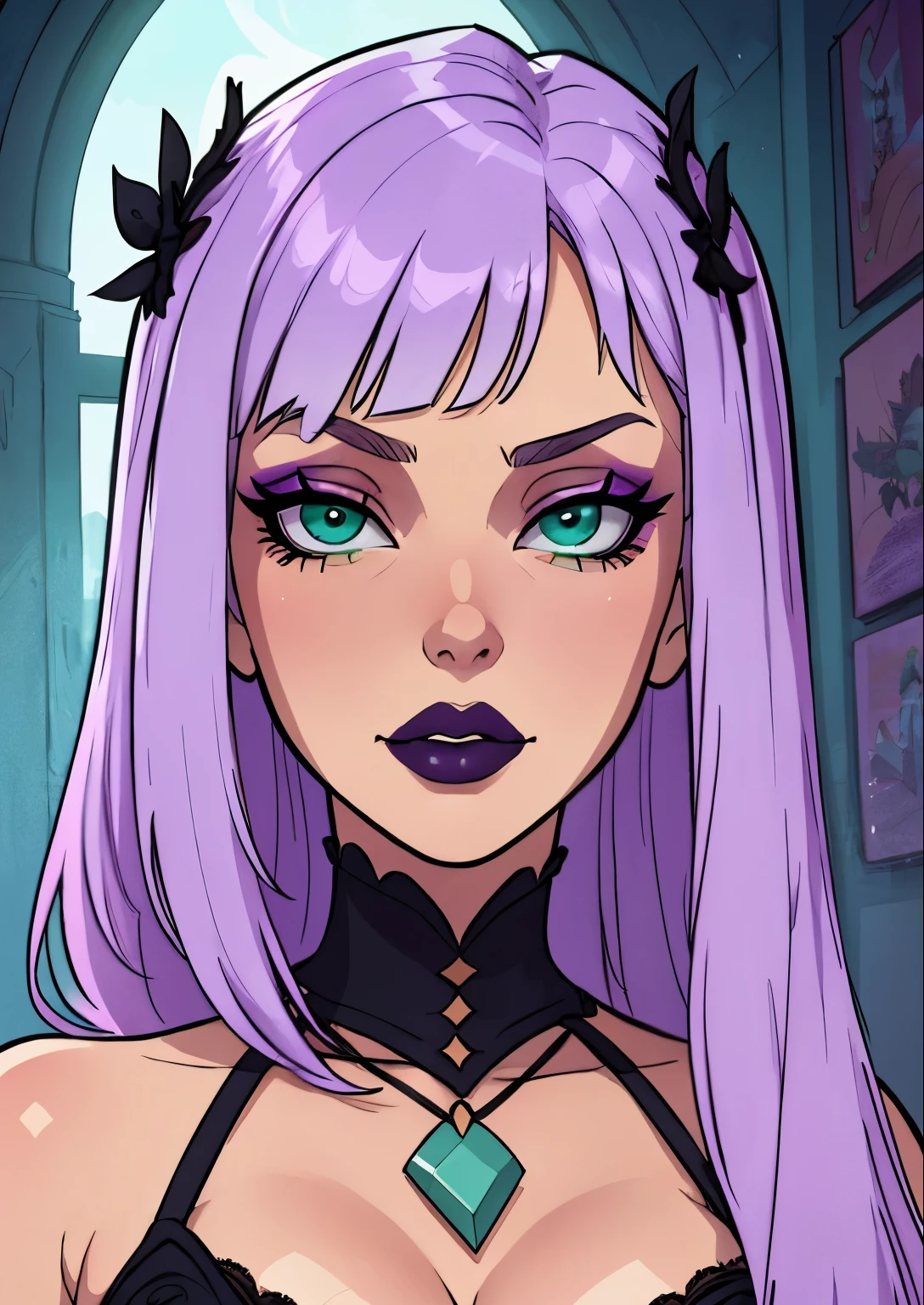 masterpiece, best quality, 1female, beautiful, face portrait, 1girl, face focus, deep makeup, lilac hair, goth, straight hair, cell shading, mint green eyes, fringe