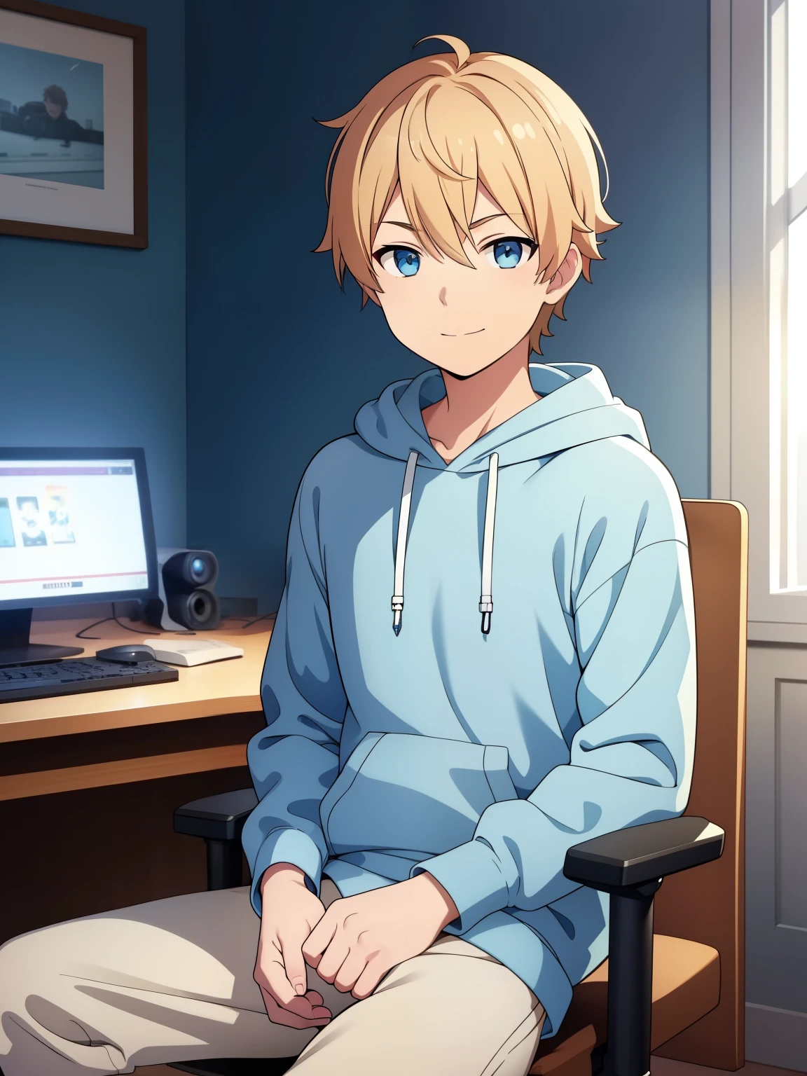 (high-quality, breathtaking),(expressive eyes, perfect face) 1boy, male, solo, teenager, blonde color hair, gold highlight, white skin, light blue eye color, short hair length, fluffy spiky hair, blue hoodie, Symmetrical Eyes, portrait, halfbody, positive expression, cute, smile, hair between eyes, masculine eyes, bedroom background, sitting, gaming chair