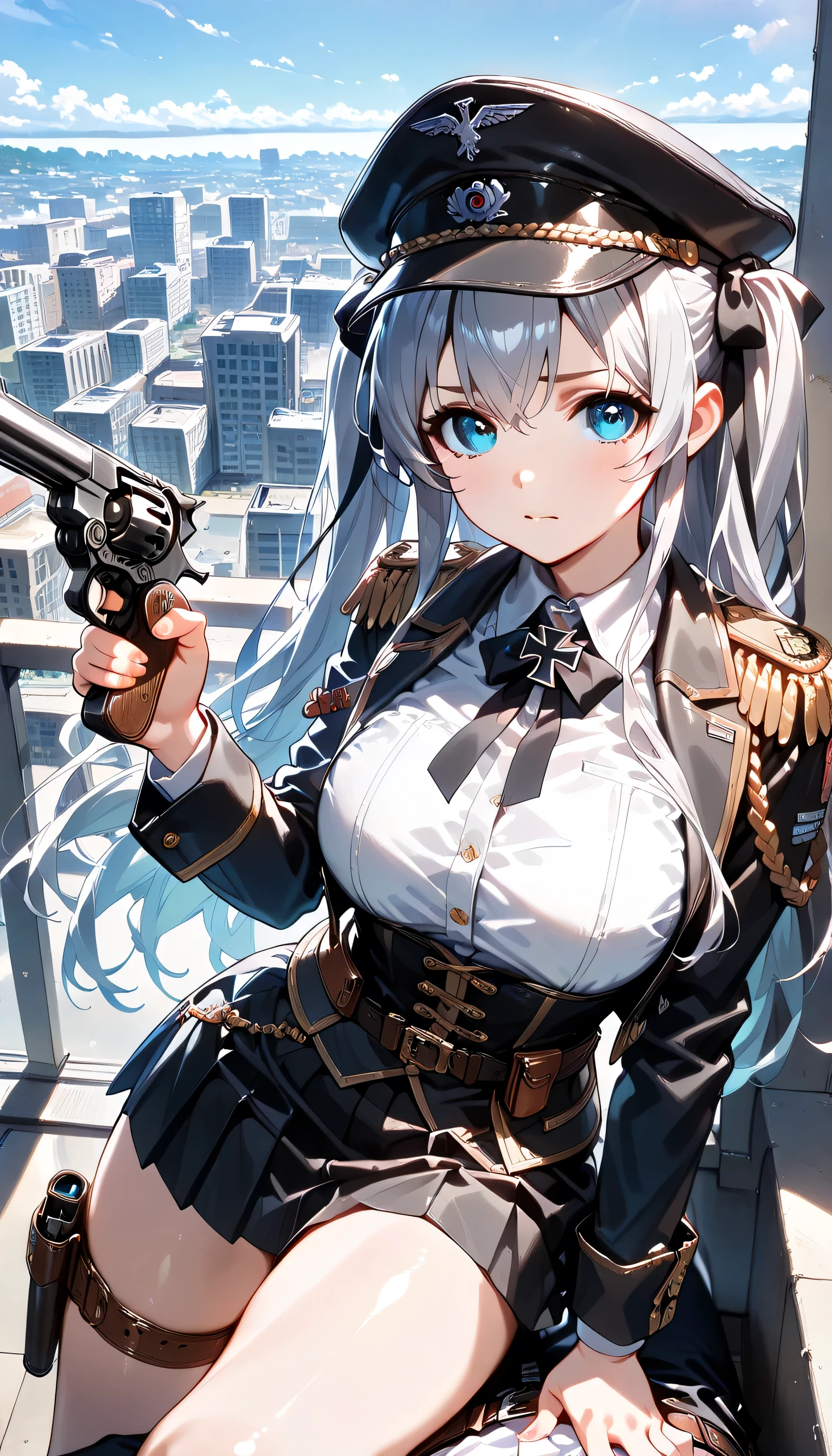 ((ultra-detailed)), (highly detailed CG illustration), (best quality:1.2), ultra-highly detailed, colorful composition, artistic photoshoot, 1girl, solo focus, ((thigh to top:1.4)), ((cowboy shot:1.4)), moe anime character, girl, dainty facial structure, (bab(round face), ((rounded chin:1.2)), ((ideal ratio body proportions)), celia-default, celia claire, (blue eyes), sparkle eyes, silver hair color, two slde up, ((serious)), ((German Navy military black uniform during World War II)), ((German Navy military black captain visor cap with gold decoration during World War II)), ((Iron Cross on neck with red, black and white tricolor stripes ribbon:1.4)), ((gold aiguillette)), ((holding a revolver gun:1.4)), ((a bullet is fired from the muzzle:1.4)), ((city battle1.4)), standing by the city area that has become a battlefield, dynamic pose, from side, best quality, masterpiece, pink cheek, blush, light pink gloss slip, portrait, depth of field, soft lighting, sidelighting, (shine), lighting, caustics, ray tracing, perfect face, lustrous skin, highly detailed face, highly detailed eyes, perfect face, perfect nose, perfect hair, perfect eyes, perfect anatomy, beautiful hair, beautiful small face, extremely detailed face, beautiful detailed eyes, beautiful clavicle, beautiful body, beautiful huge breasts, leavage, breasts squeezed together, equalize the size of the left and right breasts, beautiful thin thighs, beautiful legs, beautiful fingers, 4 fingers, 1 thumb, lovely, (very detailed background:1.0), (highly detailed background:1.0), battlefield aesthetic, intricate details, war atmosphere, battlefield colors palette, chromatic aberration