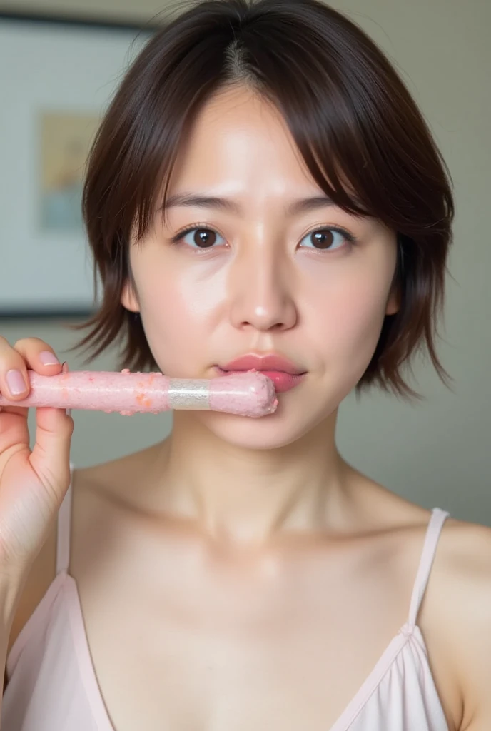 Highest quality,Japanese Idols, Short Hair、bangs、Award-winning photo, Very detailed, Edge Orgasm, Face Focus, (Woman with open mouth and closed eyes ), Age 25、Black Hair、 News anchor、Glowing Skin,From below、Realistic nostrils、Browsing Caution,Shortcuts、Big Breasts、Vibrator prank in public, 公共の場でのBig Breasts女性, She leaned back., (She closed her eyes), she yawns, Hand holding a pink remote control outside the frame, She wants you to stop using vibrators