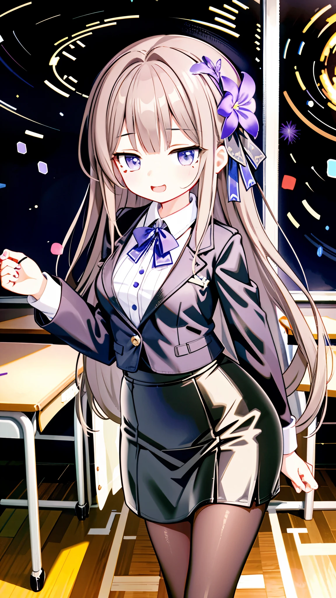 1 female, Hertha Berlin \(Collapse: Star Trails\), Doll joints, white shirt, Pencil Skirt, pantyhose, cowboy shooting, holding a book, giggle, look at the audience, classroom, Blackboard, Depth of Field,Full body picture, black heels,