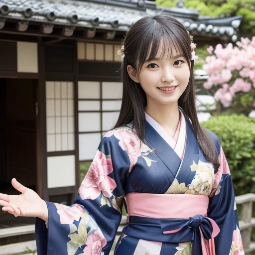 woman, kimono, floral pattern, waving hand, full body, old Japanese houses, landscape, ((masterpiece)), ((best quality)), (ultra-detailed), ((beautiful eyes)), Japanese female, (slender:1.3), ((30 years old)), beautiful, (cheerful grin:1.3),