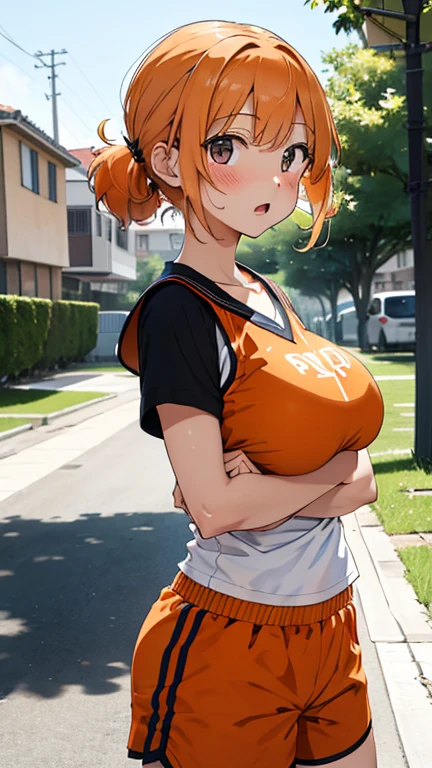 anime, 1 girl, alone, long orange hair, messy hair, split ponytail, hair over eyes, ahoge, brown eyes, smiling, outdoor, tracksuit jacket, yoga, big chest and huge thighs slim belly, Perfect sensual body 
