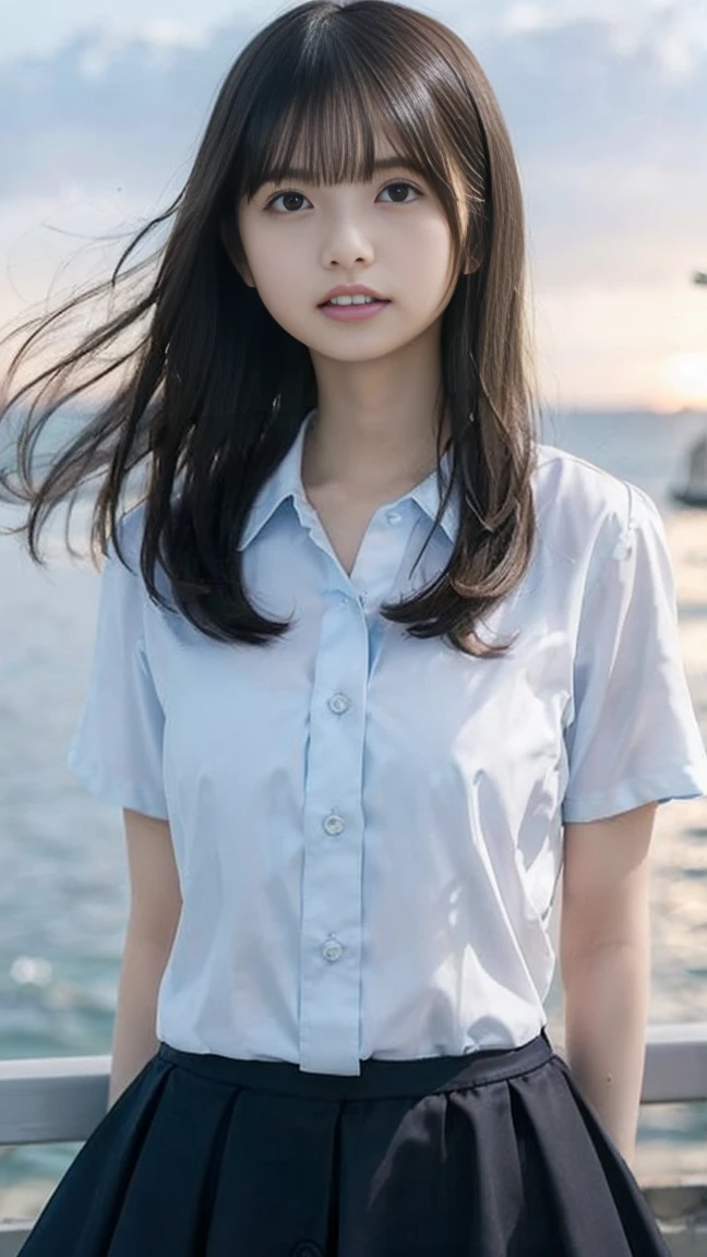 (cute face,brown eye: 1.3), (detailed face: 1.3),smiling face, 1 girl, alone, blue sky, sea, short skirt, (Very detailed background: 1.0), (Very detailed background: 1.0),