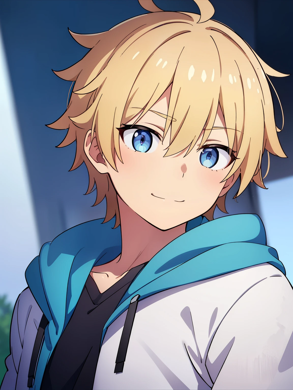 (high-quality, breathtaking),(expressive eyes, perfect face) 1boy, male, solo, young ager, blonde color hair, gold highlight, white skin, light blue eye color, short hair length, fluffy spiky hair, blue hoodie, Symmetrical Eyes, portrait, halfbody, positive expression, grey background, cute, smile, hair between eyes, simple background, masculine eyes, upper body, medium full body shot, belt, slacks, black shirt, gamer, 