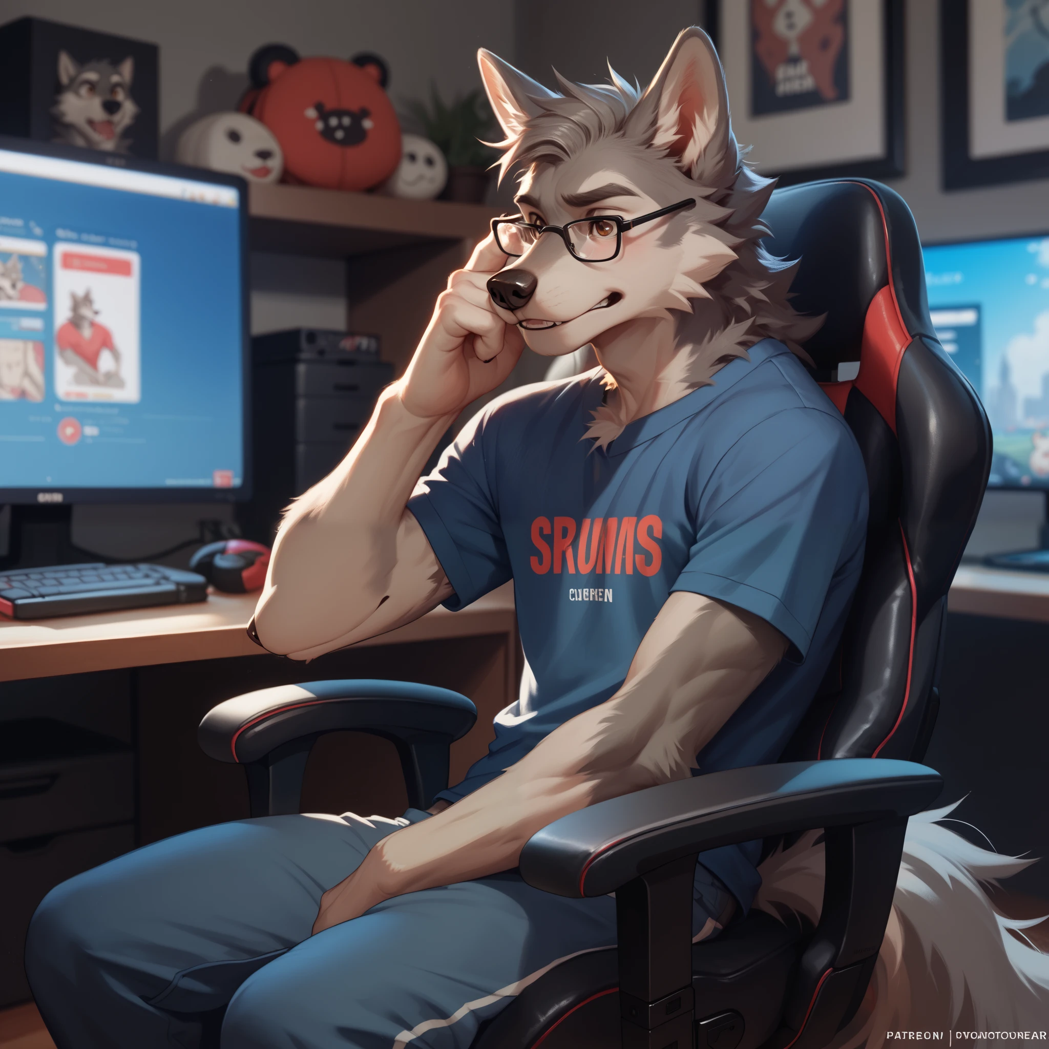 male husky, black eyebrows, topless, collar, round glasses, eyes closed, wide open mouth, green hair, (smile:1.1), intricate, sitting, gaming PC chair, bedroom, gaming PC setup, sitting at computer, penis focus, penis towards viewer, cumshot, ((stroking penis)), penile masturbation, ((crotch shot)), masturbating, wearing gaming headphones, shooting cum, canine penis, knot, erection,aesthetic, 4k, photorealistic, professional art, masterpiece, in bedroom, intricate detail, [by pngx:sigma x:0.5], full body