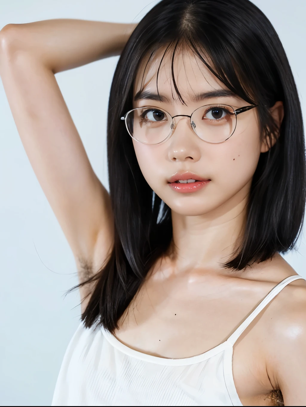 1girl, portrait, (glasses Japanese girl, hands behind head, hairy armpit exposed), (hairy armpits, armpit hair:1.4), ((white tank-top)), skinny body, (flat chest:1.3), shiny pale skin:1.2, (glasses, glossy cod lips:1.3, blush), white wall, studio lighting, looking at viewer, Realistic, (real picture, Intricate details), natural skin texture:1.5