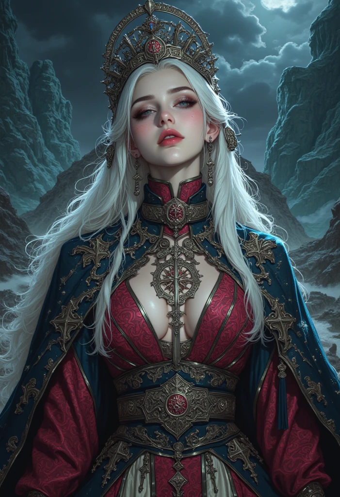vampire, sorcerer, 1 female,
(ultradetaled elegant, beautiful face),white skin, (HD makeup), (huge breast),(cleavage),(breast hide),(long curly hair), (blond:1.1)
(jewelry),multiple stitched layer,(black and red robe:1.25), (silk shirt:1.2), (intricately detailed, fine details, hyperdetailed),
,(stone temple on background:1.1), highly detailed, hyper-detailed architecture
magical atmosphere,(full body:1.3), (detailed skin, skin texture),
High detail RAW color art, photorealistic,raytracing, subsurface scattering, diffused soft lighting, shallow depth of field, by (Oliver Wetter), by Leonardo da Vinci, photographed on a Canon EOS R5, 28mm lens, F/2.8, sharp focus bokeh