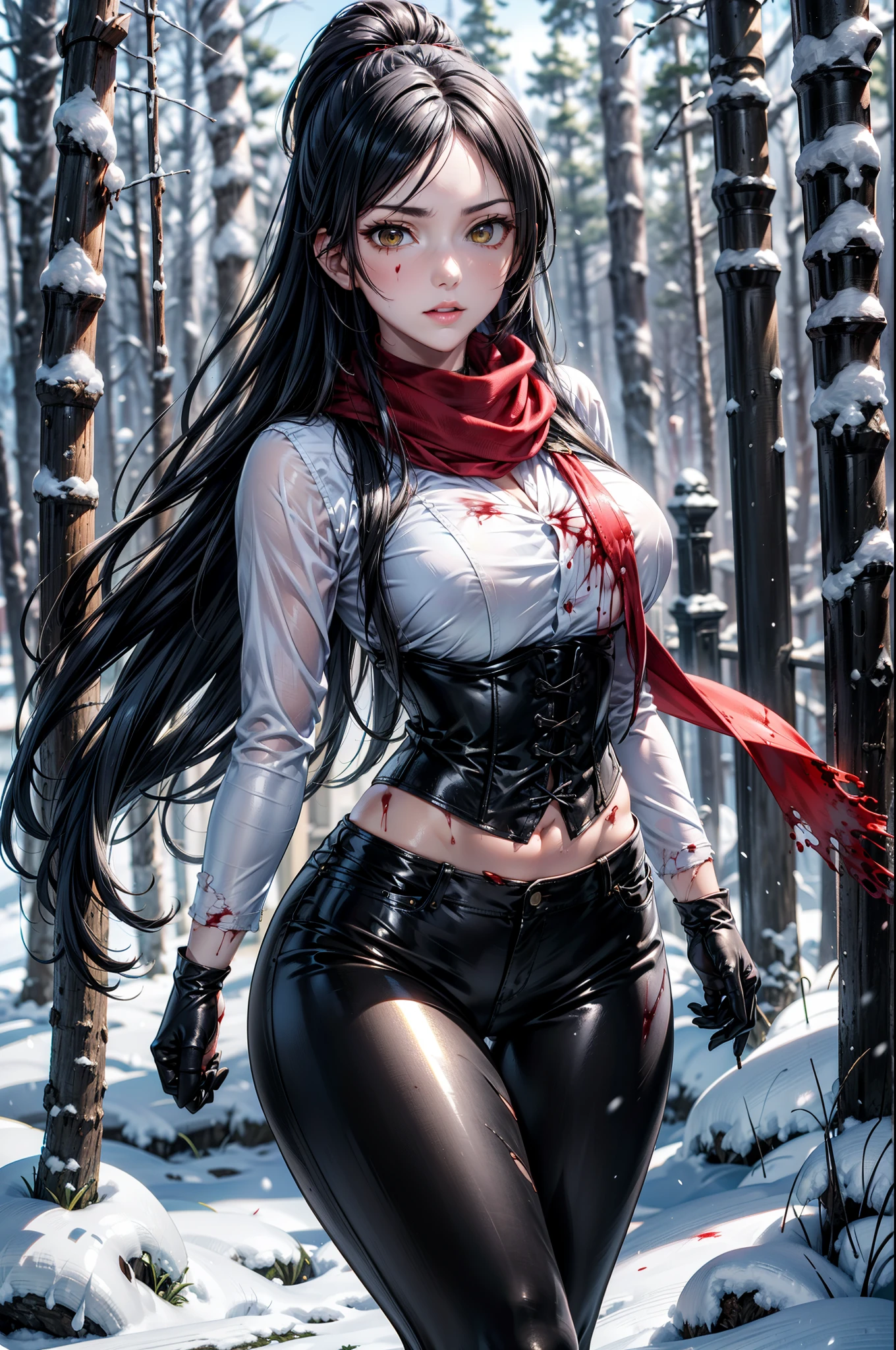 (((blood))), (((blood en el cuerpo))), ((( wounds on the body))), ((( torn clothes))), (Yaedef  :1.4), 8K,  highres,   ultra detailed, ( masterpiece:1.4),   (( perfect hands )),  better quality, Sakuya Shirase, symmetrical body, sensual lips,  big breasts,  slender legs , badass anime girl  , bright clothes,  beautiful, Alone,  of foot,  fight pose, (Hold a katana with your hand),  (( seen from the front )),   tired look,  Looking At The Spectator ,  long ponytail black hair,   detailed face ,   detailed eye comforter,   amber yellow eyes ,  choker :1.6,  choker :1.6, ((red scarf)), (( long sleeve white shirt )), (( black leather corset )), ((( shiny black leggings))), ((shiny black gloves )), (( snowy forest)), blizzard, snow  