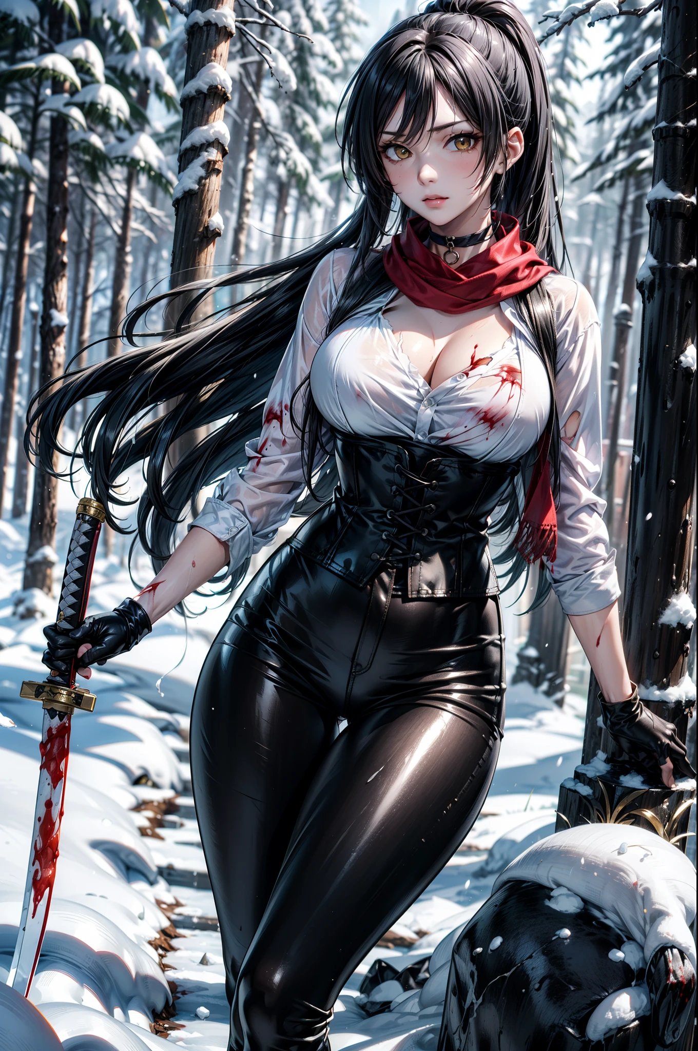 (((blood))), (((blood en el cuerpo))), ((( wounds on the body))), ((( torn clothes))), (Yaedef :1.4), 8K, highres, ultra detailed, ( masterpiece:1.4), (( perfect hands )), better quality, Sakuya Shirase, symmetrical body, sensual lips, big breasts, slender legs , badass anime girl , bright clothes, beautiful, Alone, of foot, fight pose, (Hold a katana with your hand), (( seen from the front )), tired look, Looking At The Spectator , long ponytail black hair, detailed face , detailed eye comforter, amber yellow eyes , choker :1.6, choker :1.6, ((red scarf)), (( long sleeve white shirt )), (( black leather corset )), ((( shiny black leggings))), ((shiny black gloves )), (( snowy forest)), blizzard, snow