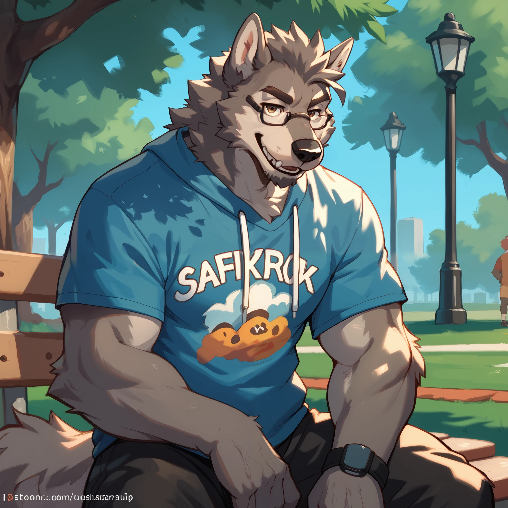 Wolf furry, outside, park, gamer clothes, grey wolf fur, glasses, brown eyes, messy clothes, nerd, wolf features, man, masculine, solo.