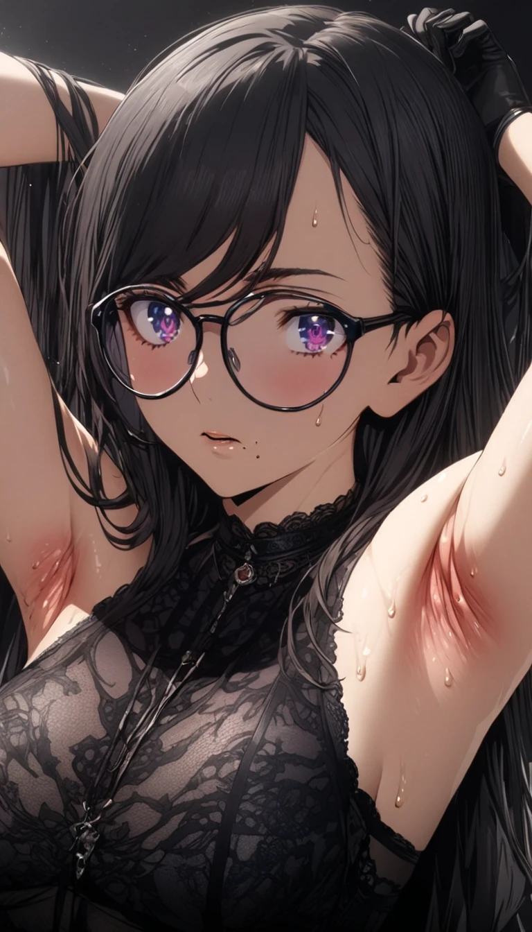 (Highest quality),(masterpiece), 8k,Very detailed, Detailed light, Best Shadow,Detailed reflective eyes, Beautiful Eyes, Very detailedな顔,Shiny Hair,Big Breasts,charm,One person,Gloss,Black Hair,Expressionless,Hollow Eyes,Beautiful fingers,Beautiful Hands,whole body,Black Suit,black tights,Chewed tobacco,Black-rimmed glasses,Purple eyes,thick eyebrows,Cool,Bedroom,
