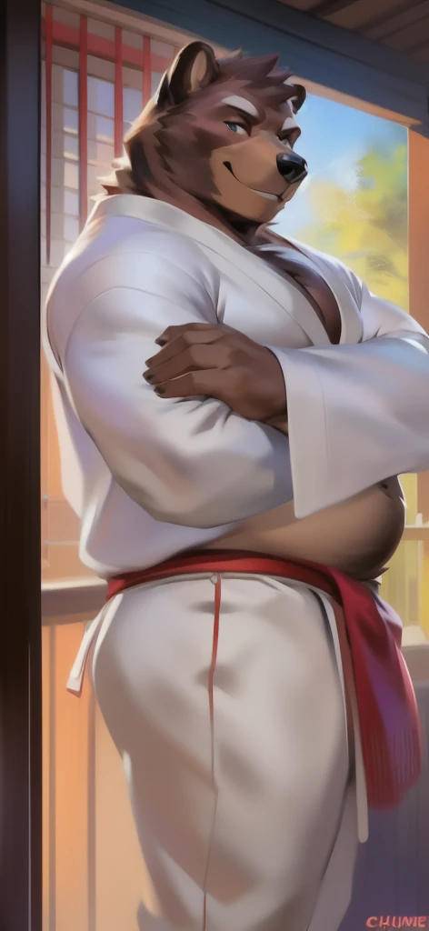 40 years old white Male, tall, giant body, handsome, dad bod, beefy, strong arms and legs, wide shoulders, a bit chubby muscle gut, a bit of fat but still very muscular, extremely hairy, a lot of body hair, short beard, wearing an untie luxurios robe, small fundoshi, unrealistic oversized big bulge, barefoot, looking seriously, sitting on the floor, big japanese room