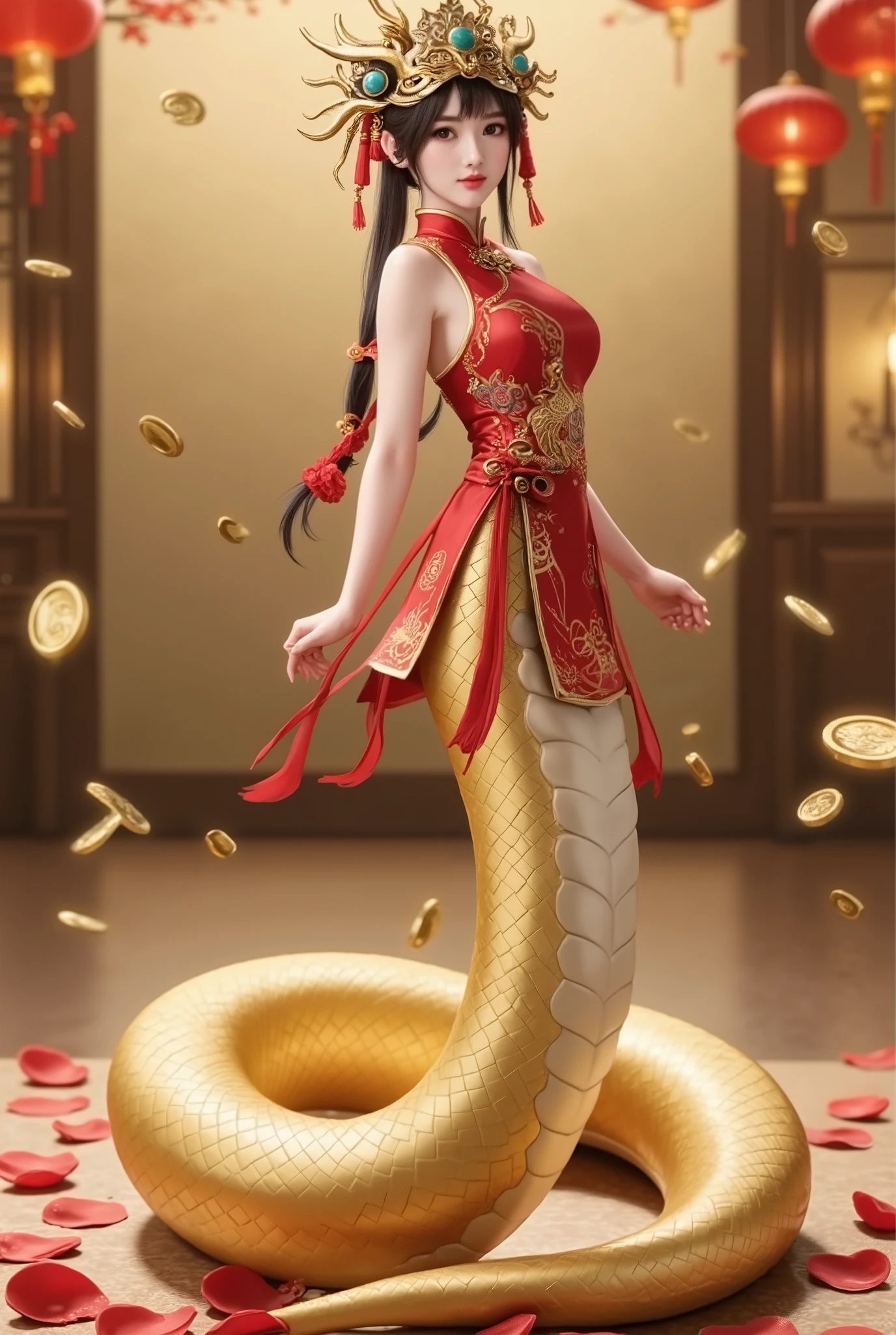 A personified, adorable golden snake with a playful and charming personality, wearing traditional Chinese attire to celebrate the Chinese New Year. The snake’s head is human-like, with large, expressive eyes and a delicate gold headpiece adorned with red tassels and jade accents. Atop its head sits a traditional Chinese dragon hat, richly designed with golden scales, red and green embroidery, and dragon-like features, including curved horns and a flowing mane of red silk, creating an aura of majesty.The upper body of the snake, while humanized with a charming, expressive face, retains the elegant, sinuous form of a snake, with smooth, gleaming golden scales covering its entire length. From the shoulders down, the figure transitions seamlessly into a long, coiled snake body, with no legs, fully retaining the snake's natural shape and fluid movements. The tail, elongated and graceful, coils around in intricate patterns, undulating as if caught in a gentle breeze. The scales are detailed with faint, swirling patterns that emphasize the sleek, serpentine form.The snake’s body is partially draped in an elegant red qipao, the fabric floating over its coiled form in soft folds, embroidered with golden dragons, peonies, and clouds, symbolizing prosperity and happiness. The qipao clings delicately to the upper part of the body, with golden piping along the high collar, while the rest of the body remains exposed, showcasing the full beauty of the snake’s sleek, golden tail.Surrounding the snake, vibrant red peony petals scatter across the ground, and golden coins float gently in the air, adding to the festive atmosphere. Lanterns glow softly in the background, casting a warm golden light that highlights the shimmering scales of the snake and creates a magical, enchanting aura. The background is filled with traditional Chinese New Year decorations—firecrackers, lanterns, and red scrolls—enhancing the lively, celebratory mood of the scene.