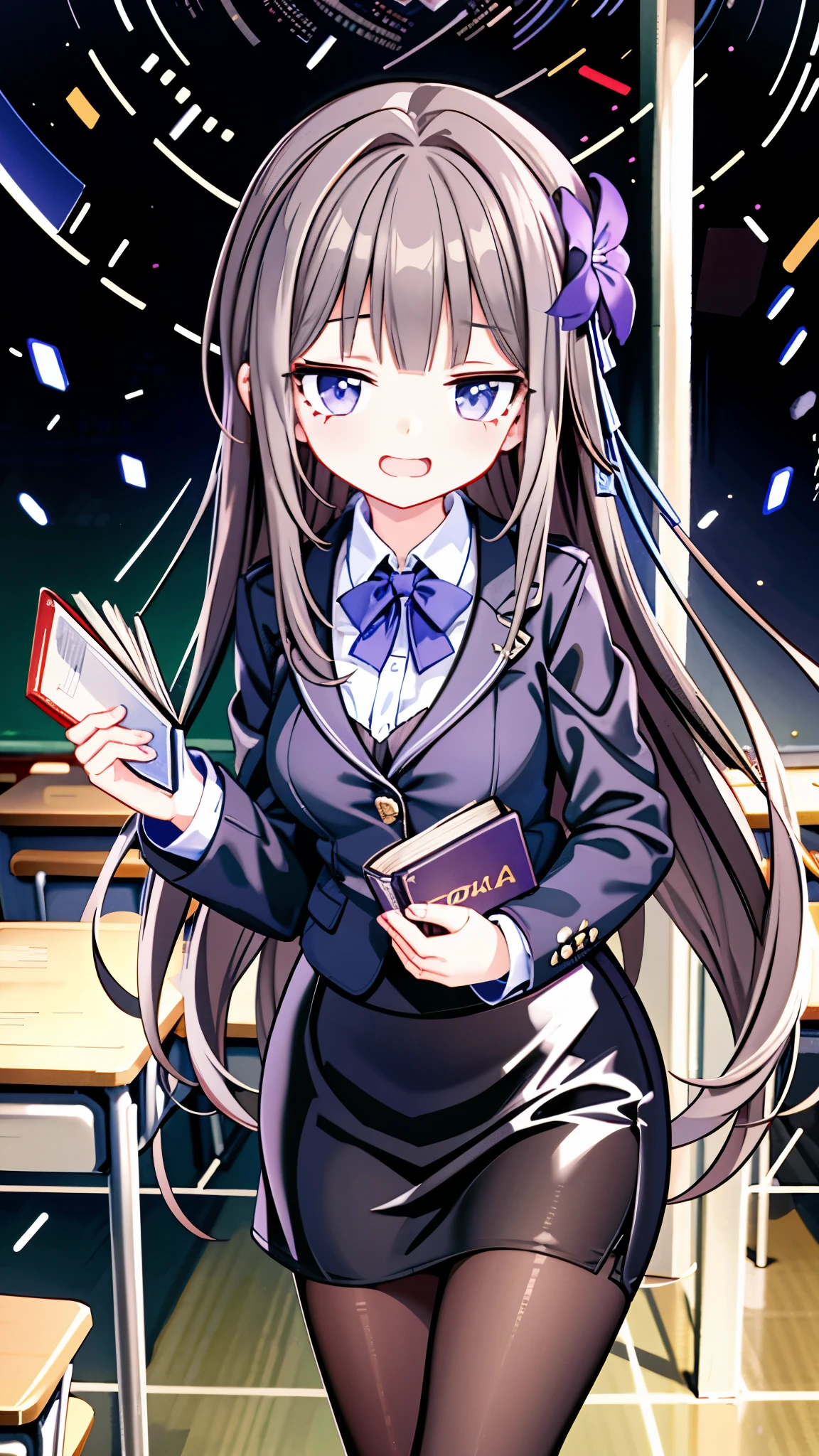 1 female, Hertha Berlin \(Collapse: Star Trails\), Doll joints, white shirt, Pencil Skirt, pantyhose, cowboy shooting, holding a book, giggle, look at the audience, classroom, Blackboard, Depth of Field,Full body picture, black heels,