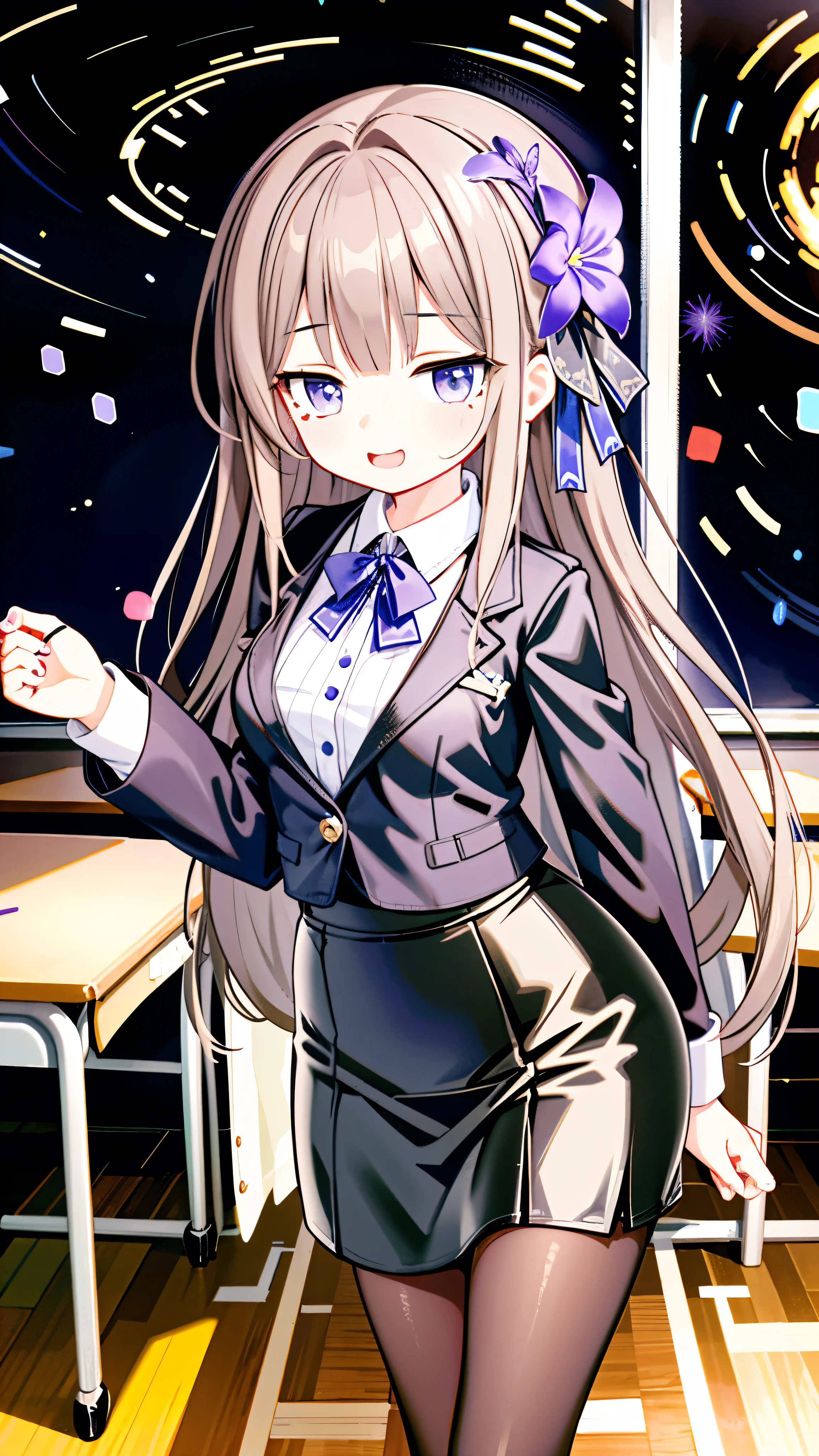 1 female, Hertha Berlin \(Collapse: Star Trails\), Doll joints, white shirt, Pencil Skirt, pantyhose, cowboy shooting, holding a book, giggle, look at the audience, classroom, Blackboard, Depth of Field,Full body picture, black heels,