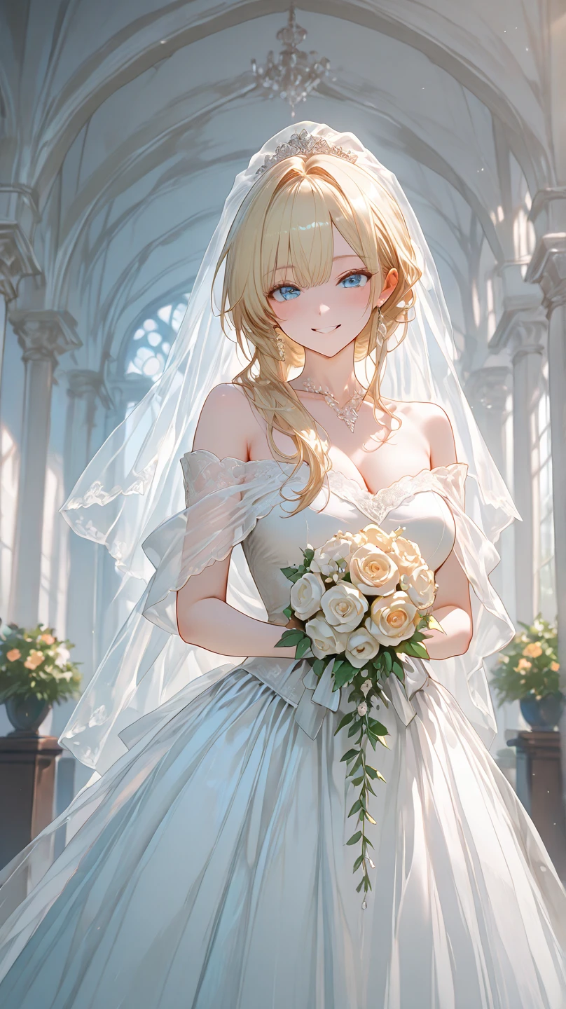 (masterpiece, best quality:1.5), (ultra detailed, high resolution, 8k, beautiful detailed, UHD, best anatomy), 1 cute girl, blonde hair, medium breasts, wedding dress, bridal veil, flower, wedding hall, Happy face