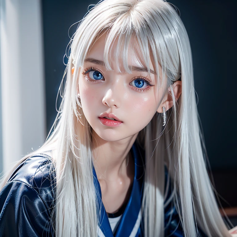 (8k、top-quality、​masterpiece:1.2)、(realisitic、Photorealsitic:1.37)、ultra-detailliert、女の子 1 人、独奏、Light smile、lighting like a movie、small tits、Floating Hair NovaFrogStyle、Blue Eye、White hair color