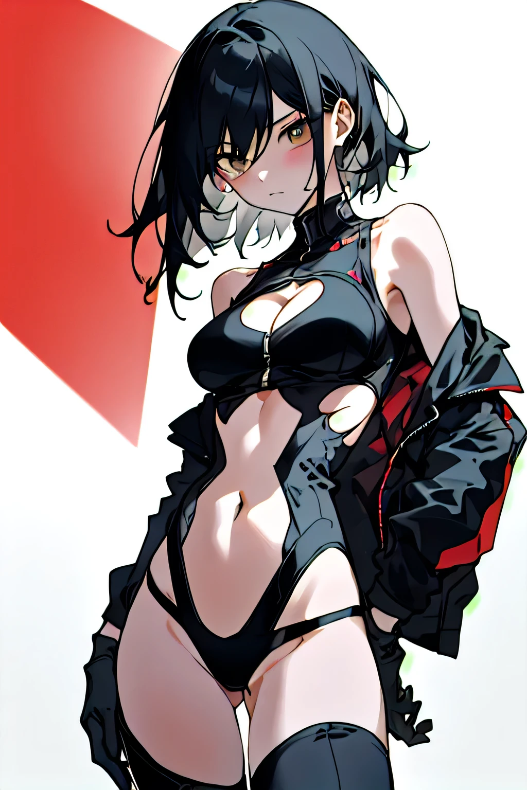 Ninja, ponytail, black mask, big breasts, torn clothes, no panties, no bra