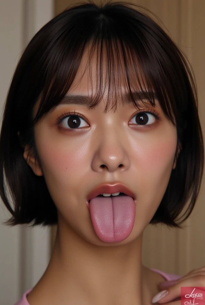 Taylor Hill、1 person、超     1 zoom photo of Down High Definition   , retina, Accurate,     Masterpiece  ,    anatomically correct,    very detailed,    wrinkled skin ,      attention to detail   ,    High Quality  ,      1 zoom photo of Down High Definition   , 8k、、   big double eyes、nose、I'm focusing on my mouth 、  face close-up focus  、    Woman with her mouth open and her eyes closed  、1、   black hair 、tongue out, tongue,  Obsession with realistic eyelashes after drooling ,    drooling with passengers   ,  Ahehe , long tongue, verbal hospitality  ,     tug my hair  ,    gray background  ,  half backlight  ,uniform,((short bob cut))