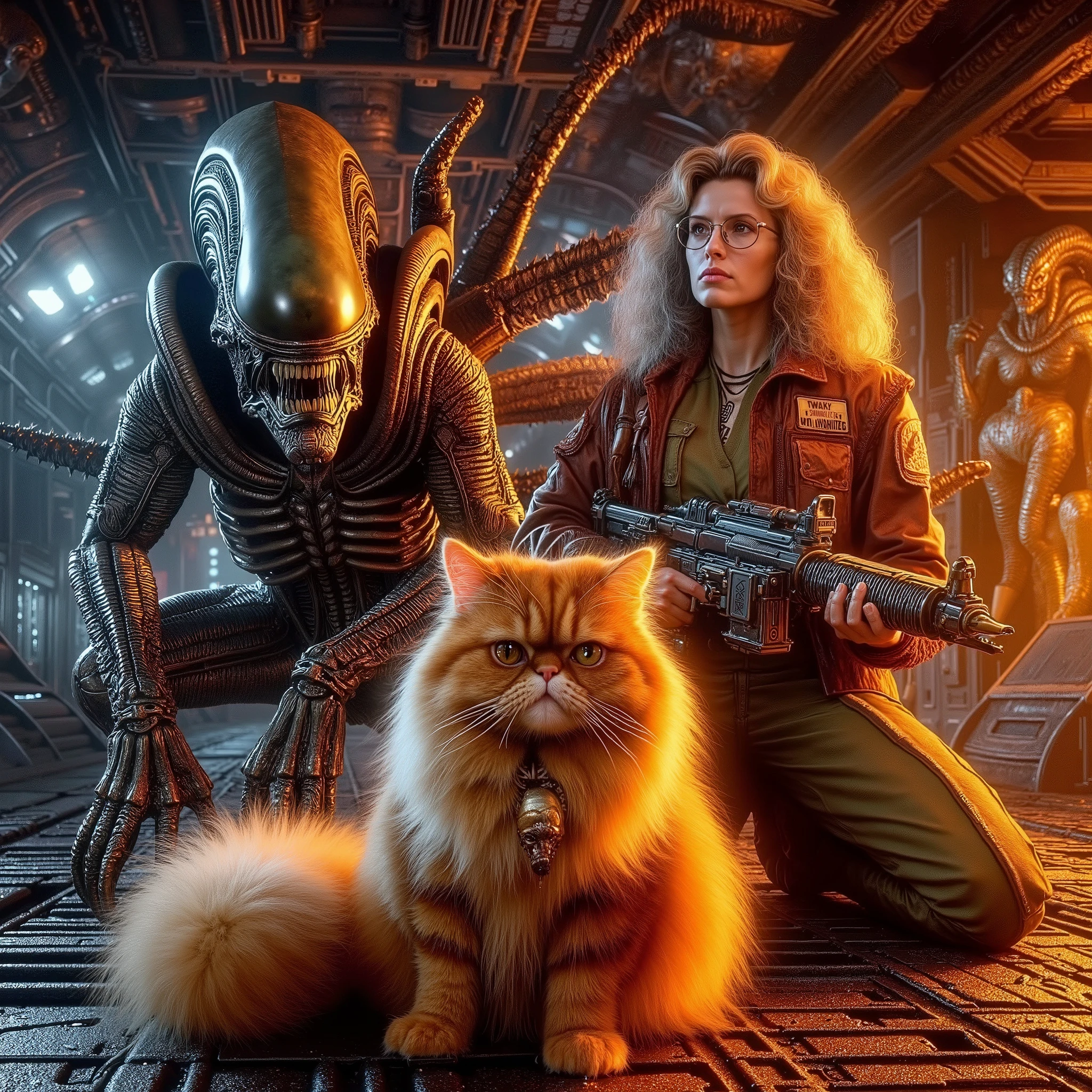 The perfect harmony dynamic duo The Xenomorph and Ellen Louise Ripley plus the fluffy grumpy ginger Mainecoon Cat, at The Nostromo Cargo space ship bay, insanely detailed and intricate scene background, Don Lawrence Style