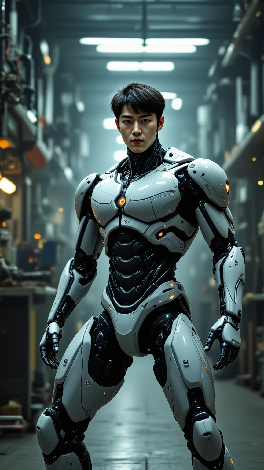 original photo, (full-body shot), ((cybernetic)) Artificial organism resembling a young person ((18 year old man)), kneeling, Bald, Muscular, slender, sculpted figure, Protruding six pack abs, Beautiful young face, plump lips, Fully grow,Standing on a spaceship, ((masterpiece)), ((best quality)), 8K,high detail, Super detailed, neutral expressions, fashion pose, Realistic skin texture, movie lighting, (full-body shot) , (natural posture:1.2) , (Delicate and beautiful skin:1.2) , (Beautiful and delicate face:1.2) , textured skin, (Detailed face and eyes:1.3)