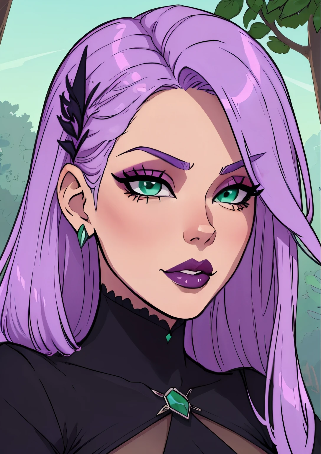 masterpiece, best quality, 1female, beautiful, face portrait, 1girl, face focus, deep makeup, lilac hair, goth, straight hair, cell shading, mint-green eyes