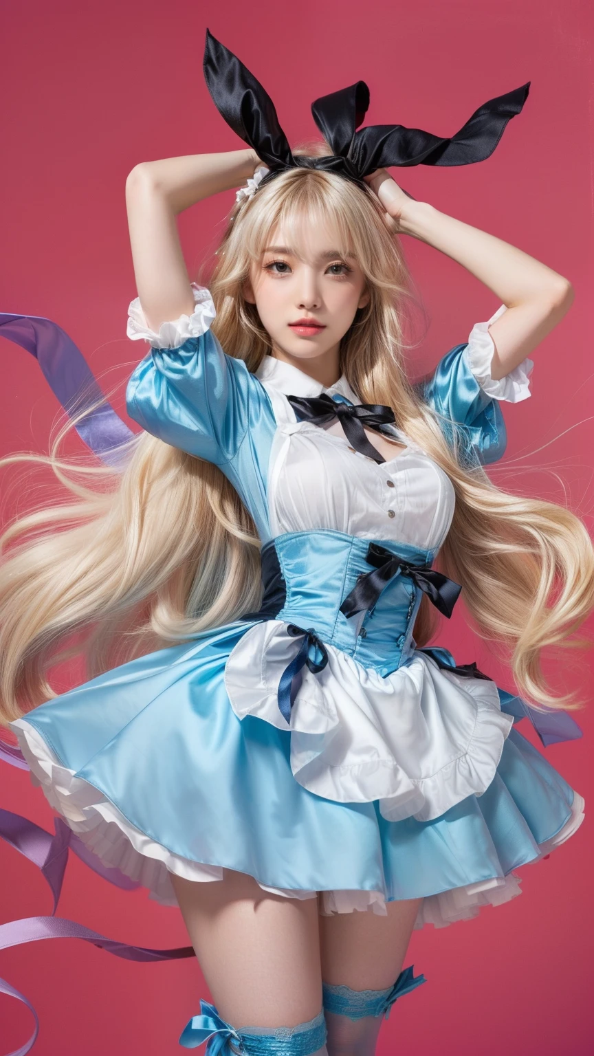 (A stunning young woman:1.3) with long, flowing platinum blonde hair, styled with **perfectly cut bangs** framing her delicate, doll-like face. Her **bright blue eyes** gaze dreamily, filled with curiosity and wonder.

She wears a **classic Alice in Wonderland-inspired outfit**, a **sky-blue satin dress** with puffed sleeves and a white apron adorned with delicate lace trim. The fitted bodice accentuates her slender waist, while the skirt flares gracefully, swaying gently as if caught in a breeze.

A **black ribbon headband**, tied into a large, silky bow, rests atop her golden locks. The wind lifts its ends, making them flutter dynamically, forming the illusion of **rabbit ears** swaying in the air. Strands of her hair lift subtly, enhancing the ethereal and whimsical feel.

She strikes a relaxed yet confident pose, with ((both hands interlocked behind her head)), fingers gently intertwined. This positioning creates a graceful arch in her posture, subtly emphasizing her slender arms, elegant neckline, and the natural curve of her body. Her expression is a mix of curiosity and slight bewilderment, lips subtly parted as if about to speak.

She wears **knee-high white stockings** and **black Mary Jane shoes**, completing her fairytale aesthetic.

The background is a **dreamlike Wonderland**, with a surreal pink and crimson sky, floating clocks, distorted gothic spires, and mysterious abstract shapes. The wind stirs her ribbon and hair, bringing movement and magic to the scene.

(ultra-detailed 8K, photorealistic, hyperrealism, (cinematic lighting:1.3), masterpiece, RAW photo, **sharp focus on front bangs**, Alice in Wonderland aesthetic, Victorian-inspired fantasy, ethereal atmosphere, dynamic movement, **wind-blown ribbon forming rabbit ears**, whimsical energy, **hands interlocked behind head pose**, relaxed and confident posture).