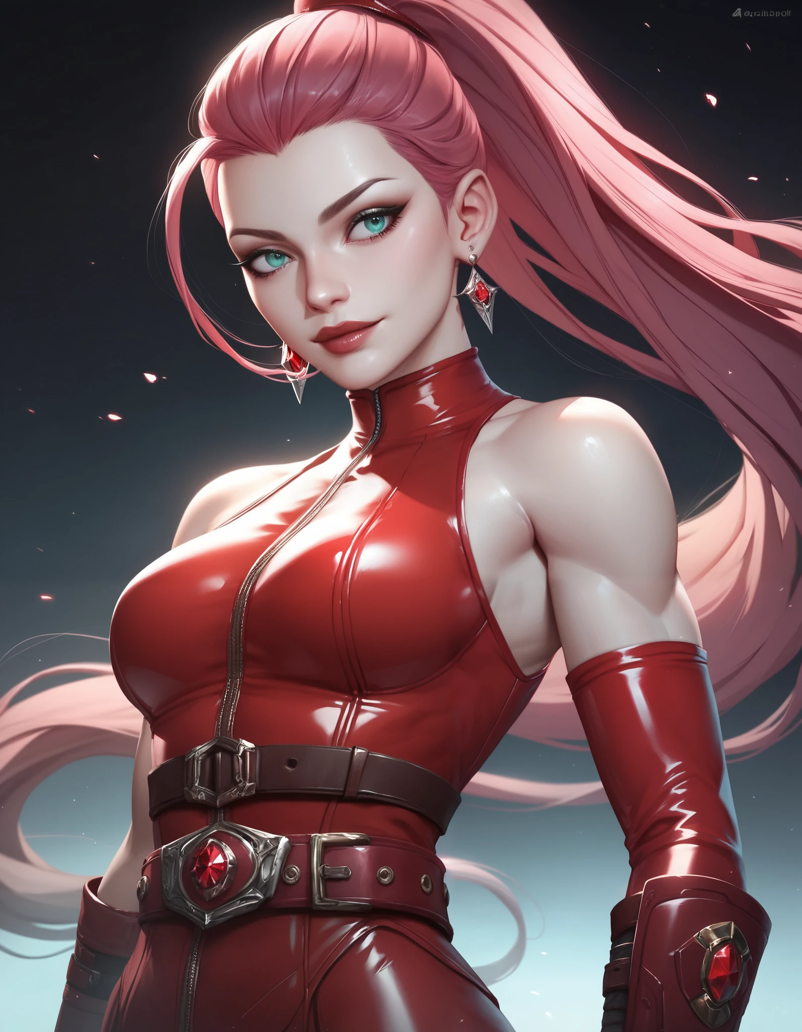 young woman, white skin, long bubblegum pink hair, red headband, wide forehead, pink eyebrows, big emerald green eyes, buttoned nose, thick red lips, heart shaped face, leather red dress, great detail, Sakura Haruno, realistic, realism 3d black gloves