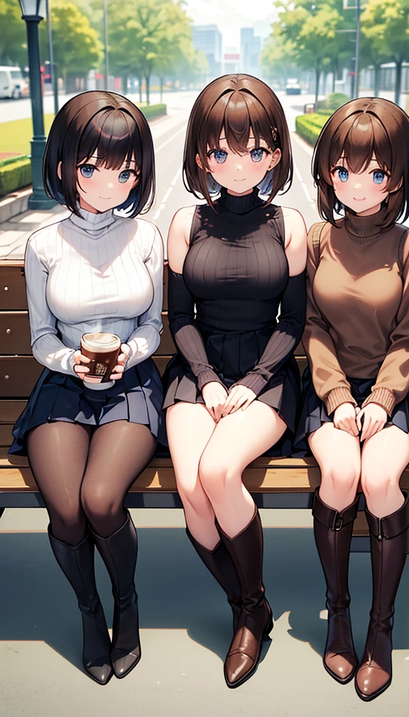 (masterpiece、highest quality、High resolution、Realistic photo、Real looking skin:1.1)、
(Three women are sitting side by side on benches in a cafe:1.8)、
(Smiling happily:1.5),
(The first person was wearing a beige sleeveless turtleneck knit and a pleated mini skirt.、She is wearing brown knee-length boots、I have long black hair:1.5)、
(The second person is wearing a blue short-sleeved turtleneck sweater and a pleated he is wearing brown knee-length boots、She has short brown hair.:1.5)、
(The third girlfriend is wearing a white short-sleeved V-neck knit and a pleated he is wearing black knee-length boots、It&#39;s short black hair:1.5)、
(The location is a cafe bench.:1.5)、
Full Body Esbian、Beautiful Eyes、Shining Eyes、Shining thighs、NSFW