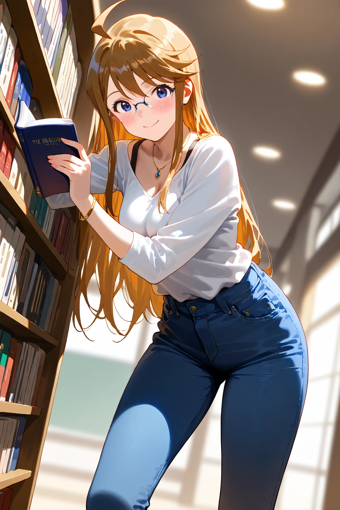 (masterpiece), (Highest quality), (Very detailed), (The best shape), (Best Shadow), (Absurd), (Detailed Background), (so beautiful), Shiny, Beautiful eyes in every detail, Extraordinary, Countershading, 8k, 32K, High resolution, Very Detailed CG,
score_9, score_8_up, score_7_up, source_anime,
cinematic, dramatic, (blurry background:1.2), (realistic background:1.4), depth of field, dynamic angle, dynamic pose,
1girl, solo,
Japan, library,
Tokoro Megumi, the idolm@ster million live!,
mgmtkr, medium breasts, long hair,
(casual wear:1.3), jeans, Long sleeve shirt, necklace, bracelet,
(blush:1.2),
(no lip:1.2),
wearing glasses,
smile,
focus on face,
realistic skin,
Shiny, skin,
(masterpiece, detailed:1.2),
holding a book,