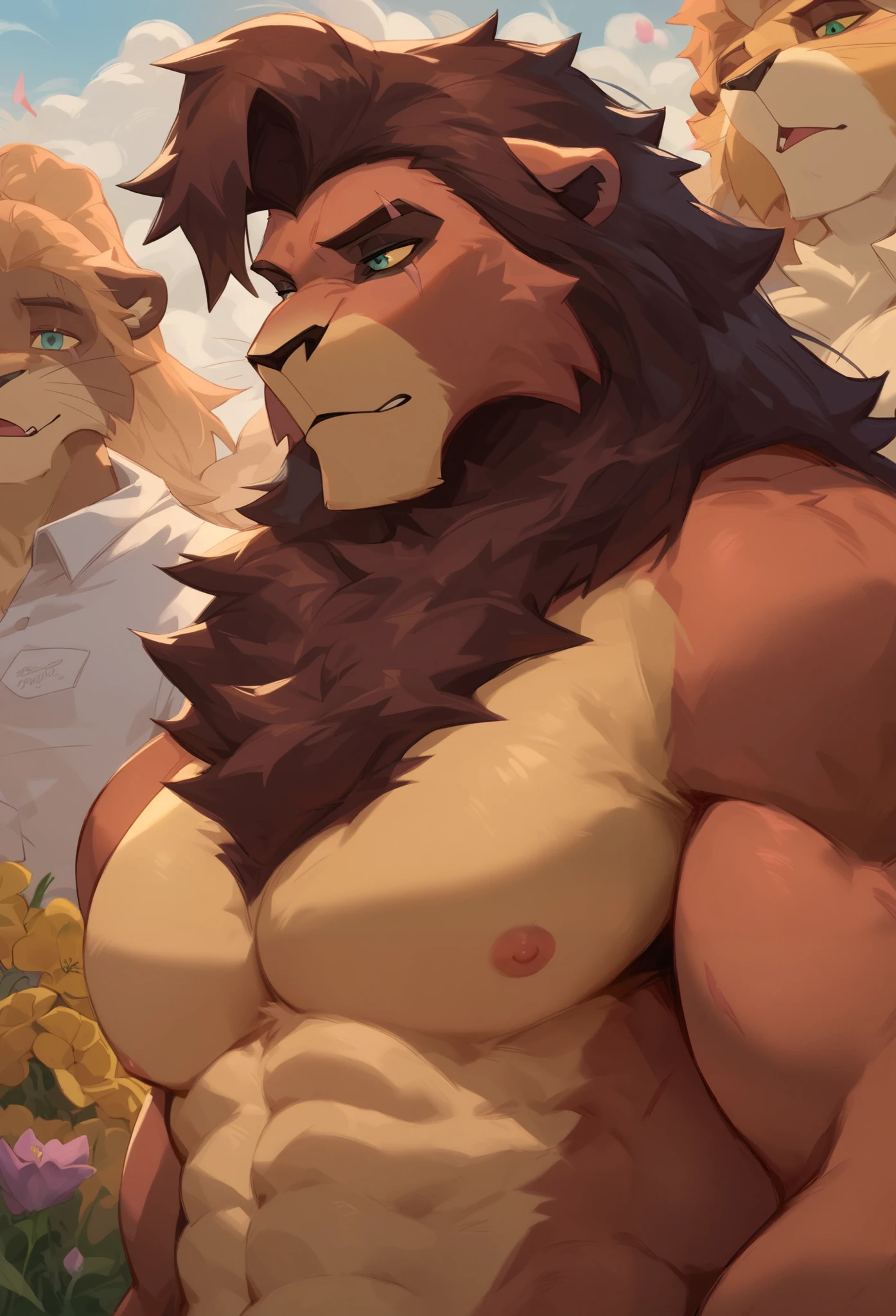 Score_9, Score_8_up, Score_7_up,
(( Best Quality )), absurd ,
KovupXL , eye scar , muscular body, doll, male, 1 boy ,
bust portrait , audience, Throw, Supine, bare his upper body, pectoral muscle grasps , separated hand , Bare Chest, nipple, Chest Focus, 2boy , grassland, submit, on the ground, Flowers, sunshine,
smooth, Japanese cartoon , Expressiveness,