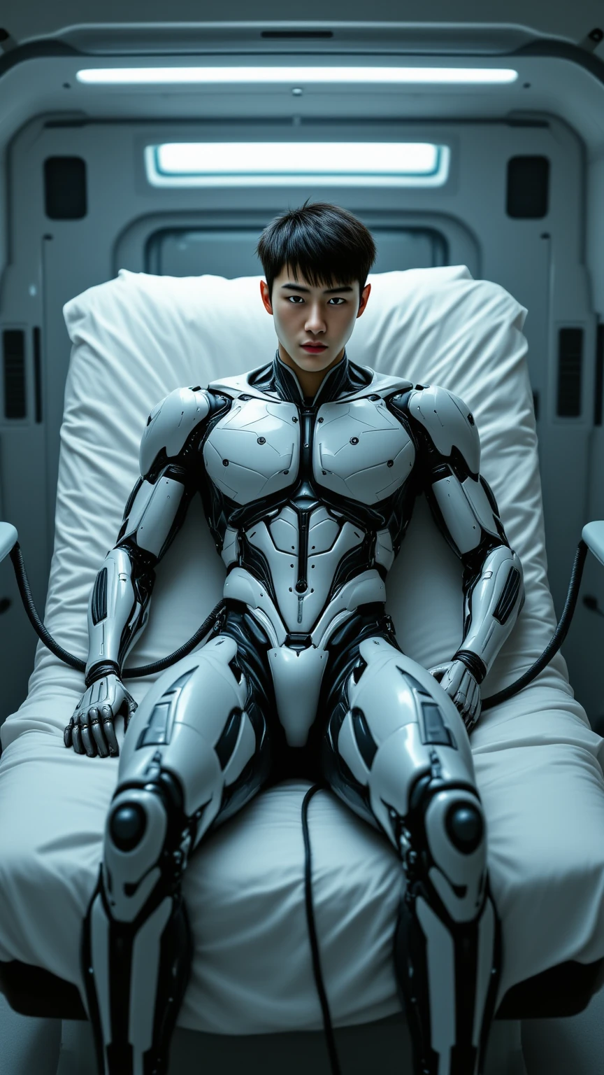((Sit in a realistic futuristic space station、Black short hair 30Male Japan teenager Muscular)), ((Sleep in a futuristic, coffin-shaped cryopod)), ((Cushioned bed with display and illuminated control surface)), ((SF circlet on head)), no gravity & floating, (Realistic), (White and silver full body rubber suit), (((The crotch is clearly larger Biosuit bodysuit that clearly shows the muscles of the chest, upper arms, and thighs))), (Includes a medical sensor harness and wrist and ankle restraint harnesses:1.0), (Style-Glass), (()), High resolution, Anti-aliasing, 8k, ((Syd Mead)), Sharp details, ((masterpiece)), (Picturesque), (Excellent anatomy), (Good balance), (Good composition), (Drama Paint), (Style - Silver Magic)