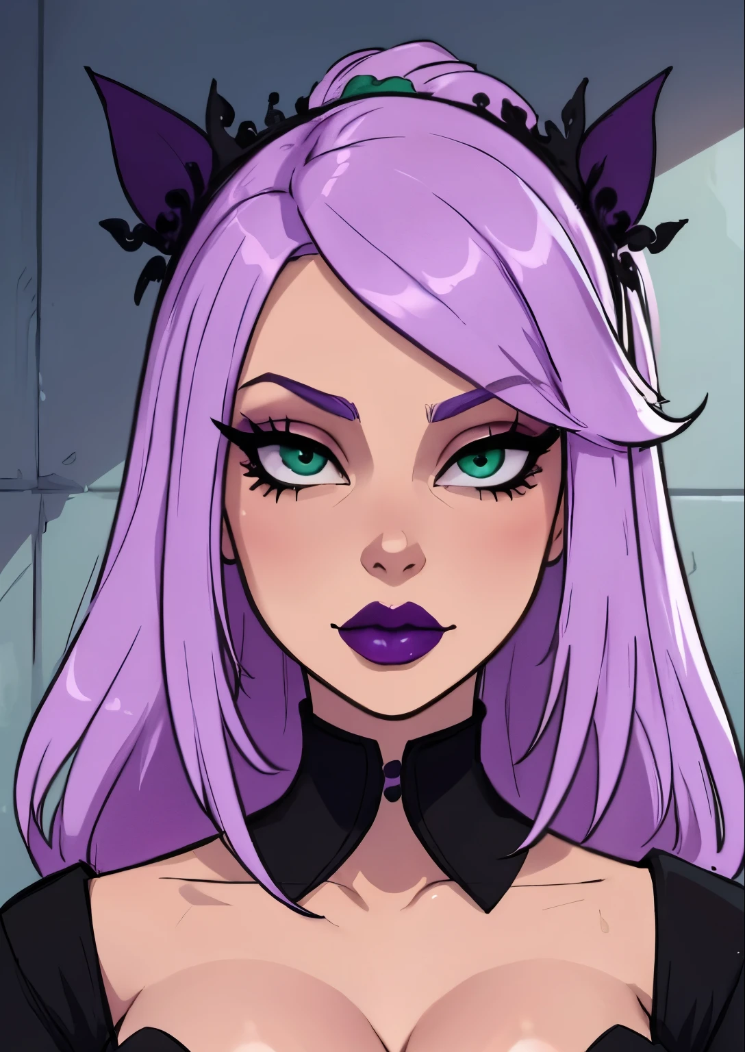 masterpiece, best quality, 1female, beautiful, face portrait, 1girl, face focus, deep makeup, lilac hair, goth, straight hair, cell shading, mint-green eyes