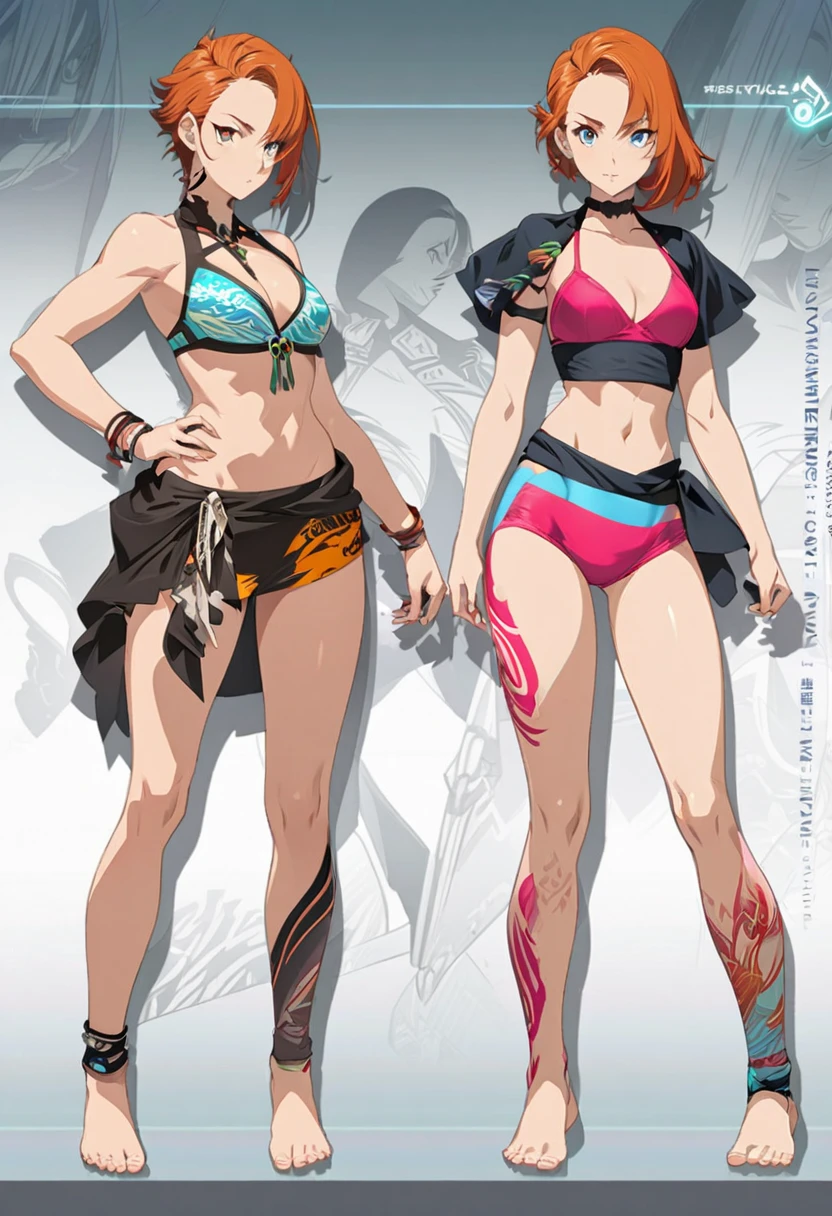 full body portrait photo, Beautiful anorexic Asuka Langley, She looks so thin in a bikini, bones and ribs visible, small flat chest, very small waist, thin legs, beautiful face, Asuka Langley's body profile is very, very thin., white background.