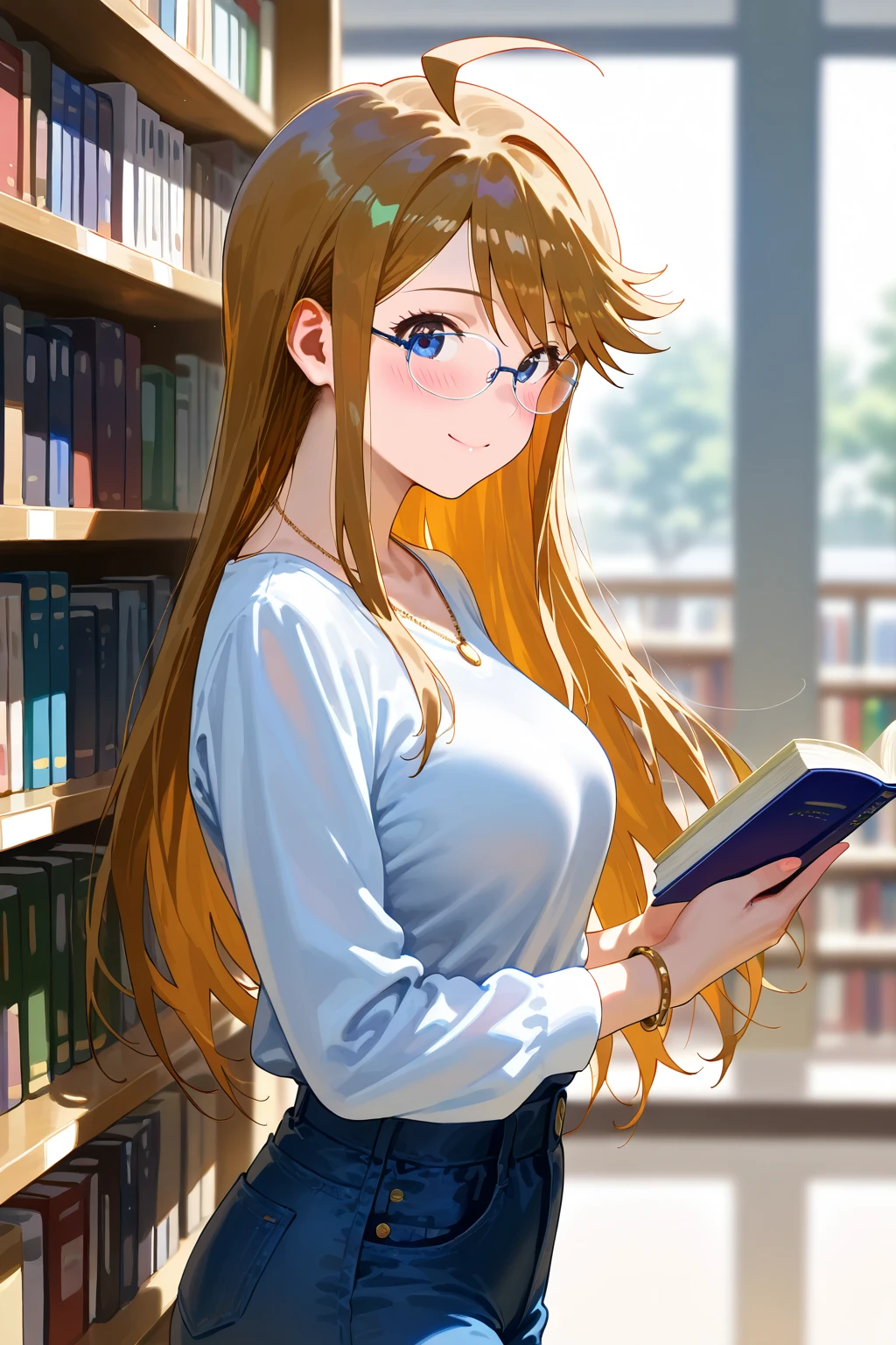 (masterpiece), (Highest quality), (Very detailed), (The best shape), (Best Shadow), (Absurd), (Detailed Background), (so beautiful), Shiny, Beautiful eyes in every detail, Extraordinary, Countershading, 8k, 32K, High resolution, Very Detailed CG,
score_9, score_8_up, score_7_up, source_anime,
cinematic, dramatic, (blurry background:1.2), (realistic background:1.4), depth of field, dynamic angle, dynamic pose,
1girl, solo,
Japan, library,
Tokoro Megumi, the idolm@ster million live!,
mgmtkr, medium breasts, long hair,
(casual wear:1.3), jeans, Long sleeve shirt, necklace, bracelet,
(blush:1.2),
(no lip:1.2),
wearing glasses,
smile,
focus on face,
realistic skin,
Shiny, skin,
(masterpiece, detailed:1.2),
holding a book,