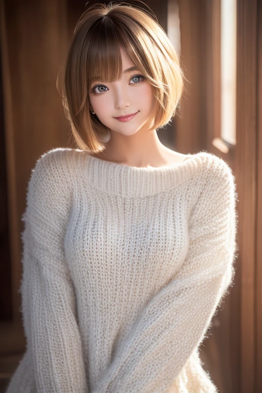 best quality, 32k, RAW photo, incredibly absurdres, extremely detailed, neat and cute beauty, flowing layered short bob cut, wearing loose and fluffy knit dress, slender, professional lighting
