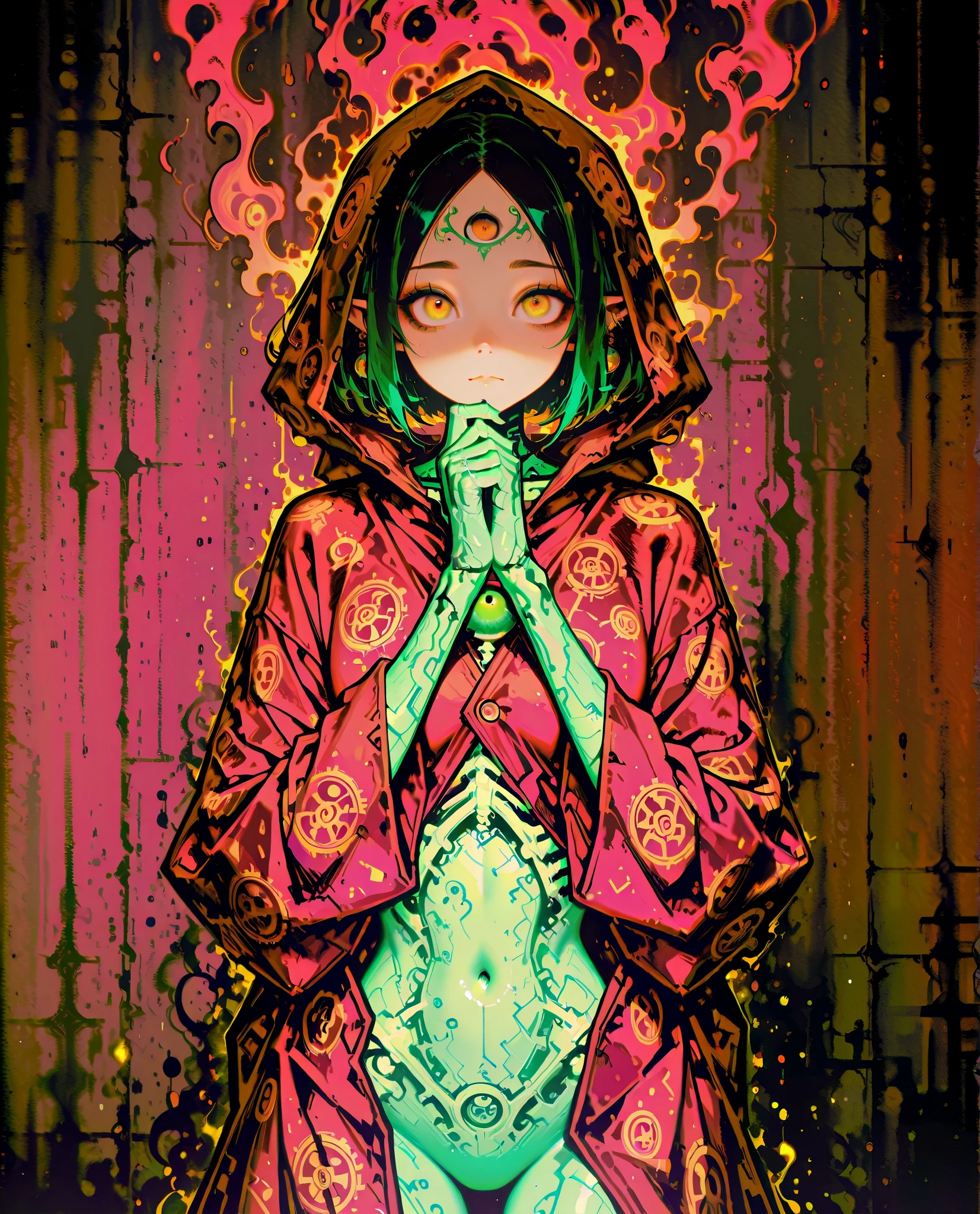 A mesmerizing fusion of impressionistic Monet-style brushwork with intricate detailing inspired by Harry Clarke and Santiago Caruso. The artwork portrays a mystical figure with a third eye on the forehead, short hair, and pointed ears, draped in flowing robes. The scene is rendered in a fine painting style with soft, expressive strokes, evoking a dreamlike quality. A wide-angle composition captures the figure against a solid black and blue background, enhancing the contrast and depth. The anatomy is meticulously accurate, yet the ethereal glow of watercolor-like textures adds an air of mystery. Delicate yet bold, this decorative piece seamlessly blends mathematical precision with artistic fluidity, embodying both structure and abstraction
