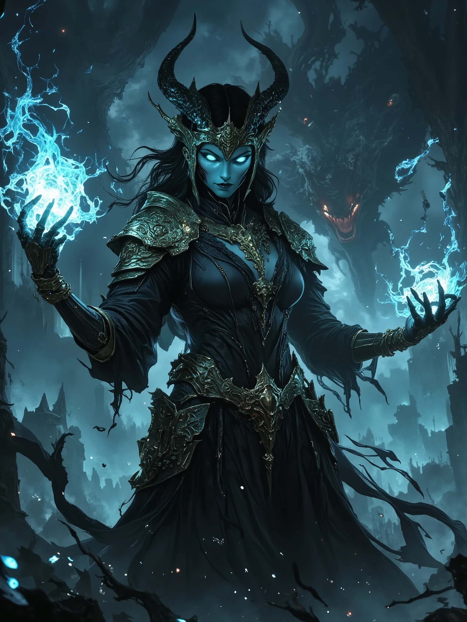 (EyesHD:1.2), masterpiece, best quality, ultra-detailed, very aesthetic, sharp focus, depth of field, vibrant colors, ray tracing, best lighting, detailed illustration, detailed background, cinematic, beautiful face, beautiful eyes, 1girl, undead girl, cursed necromancer, skeletal fingers, ethereal robe, flowing tattered cloak, ancient grimoire, dark magic aura, glowing blue eyes, dragon skull helm, undead dragon, foggy battlefield, ominous night sky, seductive eyes, seductive smile, lamiapgr, long hair, braided hair