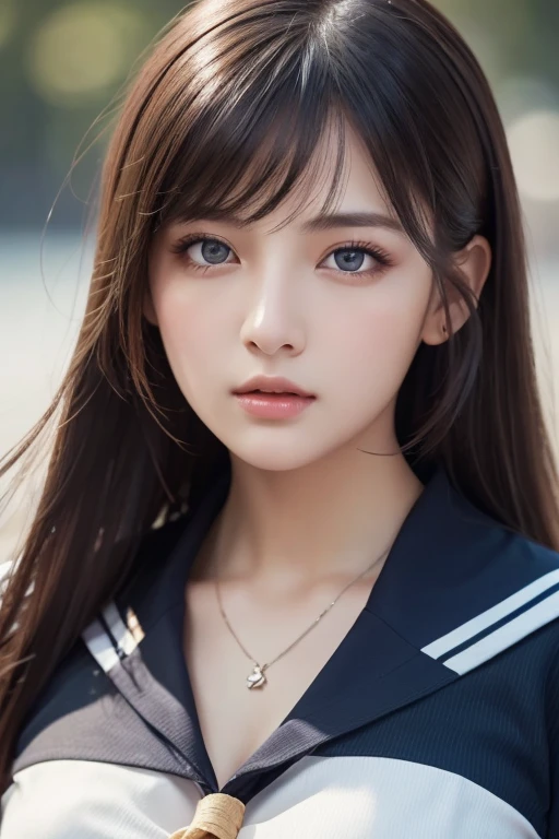 1 girl, (highest quality:1.4), (Super detailed), (Highly detailed beautiful face), wonderful face and eyes, black eye, black hair, (sailor suit, school uniform:1.2), (cleavage), Smooth, Highly detailed CG integrated 8k wallpaper, High resolution raw color photos, professional photos, light, Backlight, dream-like, impressive, Depth of the bounds written