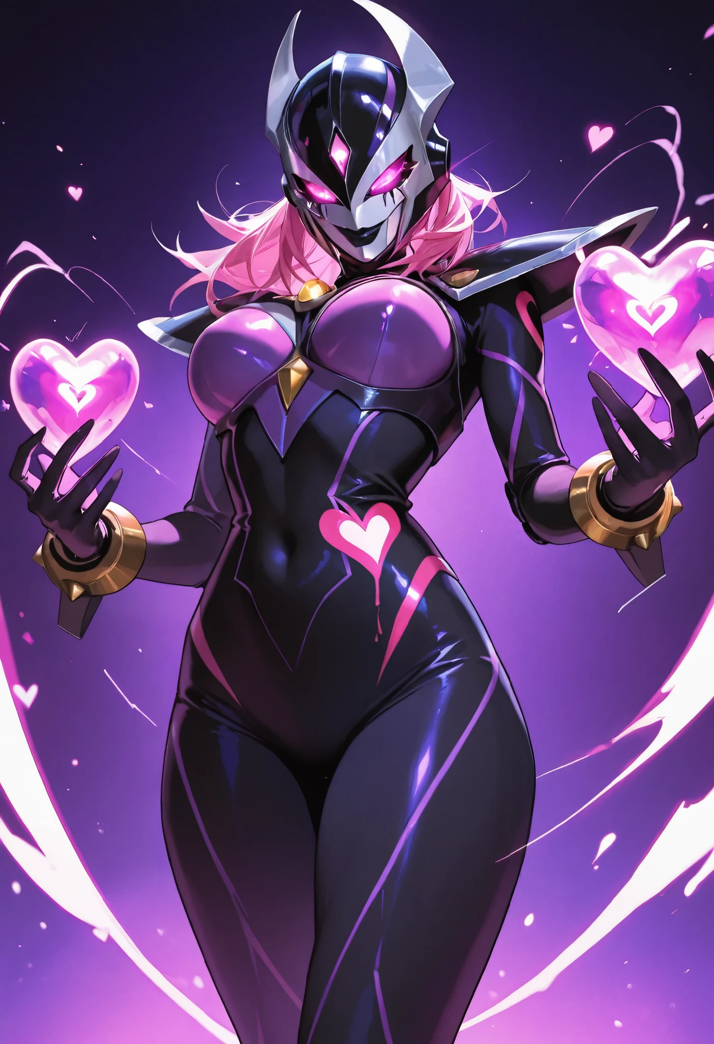 Dark UltraWoman. （high quality）（luster）（(Black Face and red eyeline)）（Black and purple thema color. black helmet. A full-face helmet. Pink lines. Purple glowing mechanical eyes. The whole body is covered with a black bodysuit. Thick legs. Spike decoration. Pink lines all over the body. Heart tattoo . purple coloreye. pink glow crystal. pink sharp claw. Night background.