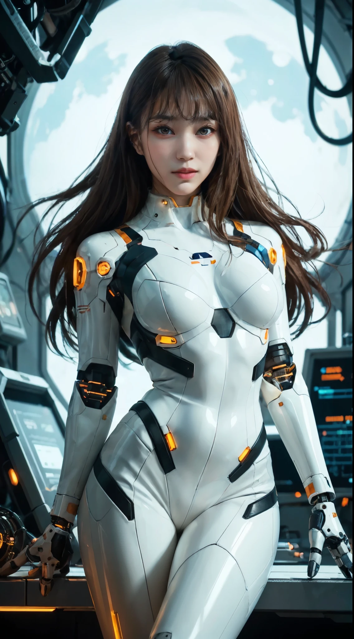 girl, astronaut bodysuit, cyborg, cyberpunk aesthetic, long hair, brown hair, looking at viewer, moon surface, mechanical sphere tools, 
