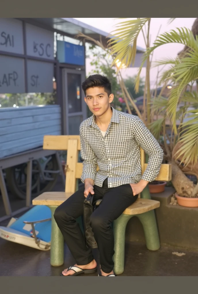Stunning 8k portrait photo of a 25 year old Indonesian man with dramatic effects, showing his slim body and casual clothes. He has short hair parted in the middle, and is wearing a black zip-up jacket, blue jeans, and black dress shoes. The man is sitting on a concrete bench in an old factory, surrounded by lush green grass, with a stunning mountain view in the background. The colors are bright, and the images are shot in a high-quality, cinematic style, creating a fashionable and artistic feel.