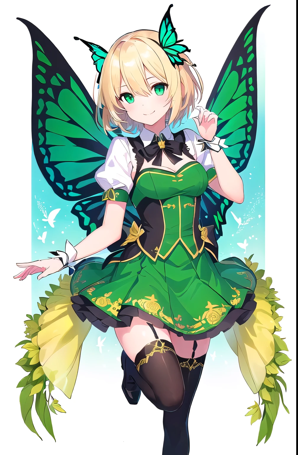 1girl,solo,antennae,black hairband,blonde hair,hair between eyes,hair flower,hair ornament,hairband,smile,red eyes,open mouth,large breasts,cleavage,(butterfly girl),butterfly wings,insect wings,(monster girl),crazy straw,day,dress,flower,grass,high heel boots,high heels,light blush,long sleeves,looking at viewer,outdoors,short hair,thigh boots,blue sky,cloud,