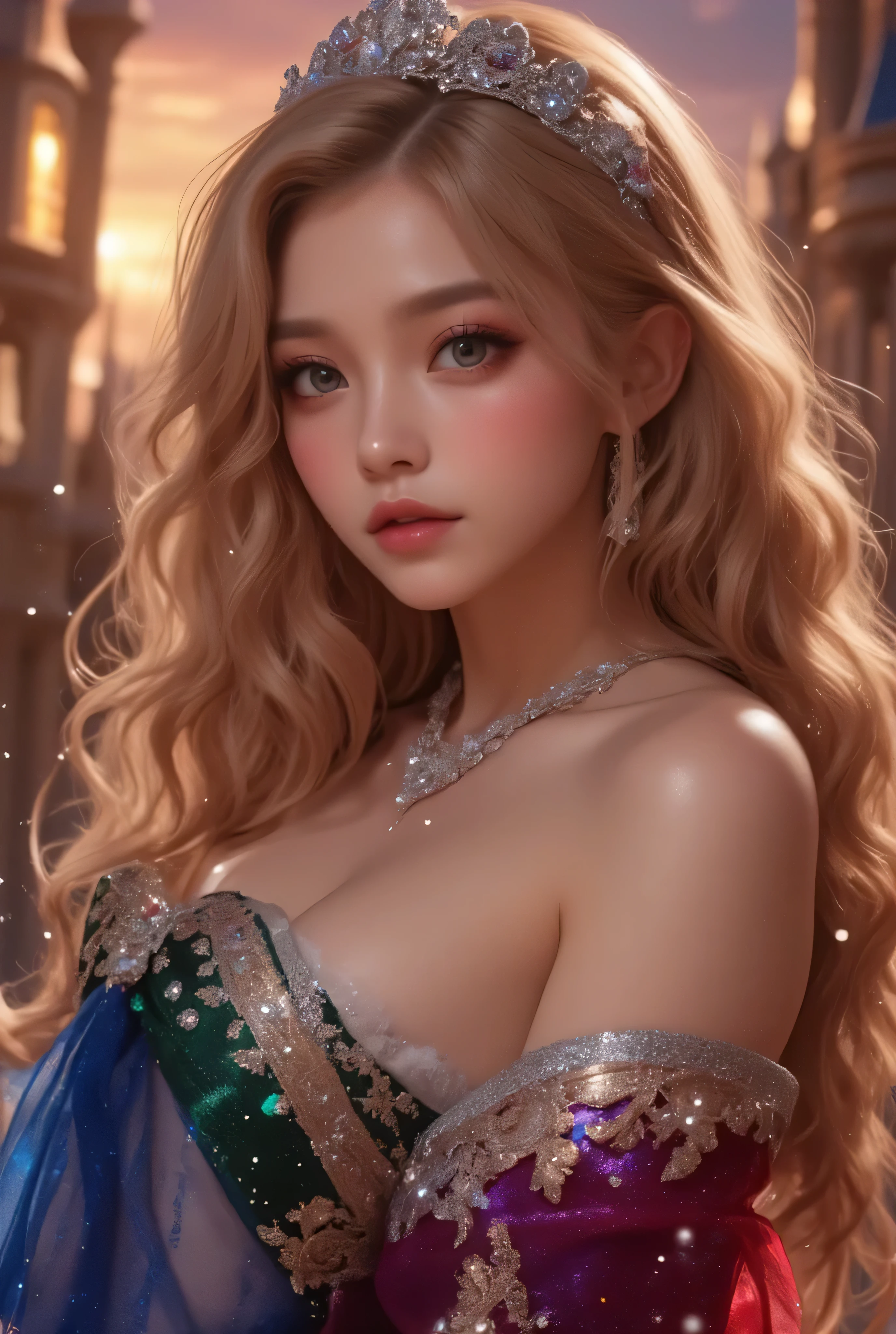 lors, deep contrast, super real, pink lipstick, lovely atmosphere, cinematic composition, close-up of face. She is wearing a breathtakingly opulent princess dress with flowing, multi-layered fabrics in a mesmerizing blend of royal blue, deep crimson, emerald green, and shimmering violet, creating a dazzling gradient effect. The dress is adorned with intricate golden and silver embroidery, forming delicate floral and celestial patterns, intertwined with radiant, sparkling gems in shades of sapphire, ruby, emerald, and amethyst. The off-shoulder design is enhanced with sheer, shimmering fabrics that drape elegantly, catching the light like woven stardust. Her bodice is encrusted with fine jewel embellishments, and a beautifully detailed silver and gold belt cinches her waist, adding to the regal elegance. She also wears a dazzling gemstone necklace, a delicate tiara of intertwined silver and gold adorned with pearls and precious stones, and an exquisite matching bracelet.
She stands gracefully in front of a magnificent castle with towering spires, intricate stonework, and glowing stained-glass windows that cast a kaleidoscope of colors onto the grand courtyard. The castle is bathed in the golden light of a setting sun, with the sky painted in warm hues of orange, pink, and purple. Ethereal sparkles fill the air, adding a magical glow to the scene. Her expression is serene, confident, and regal, exuding the grace and charm of a true fairy-tale princess in a fantastical, enchanted world.