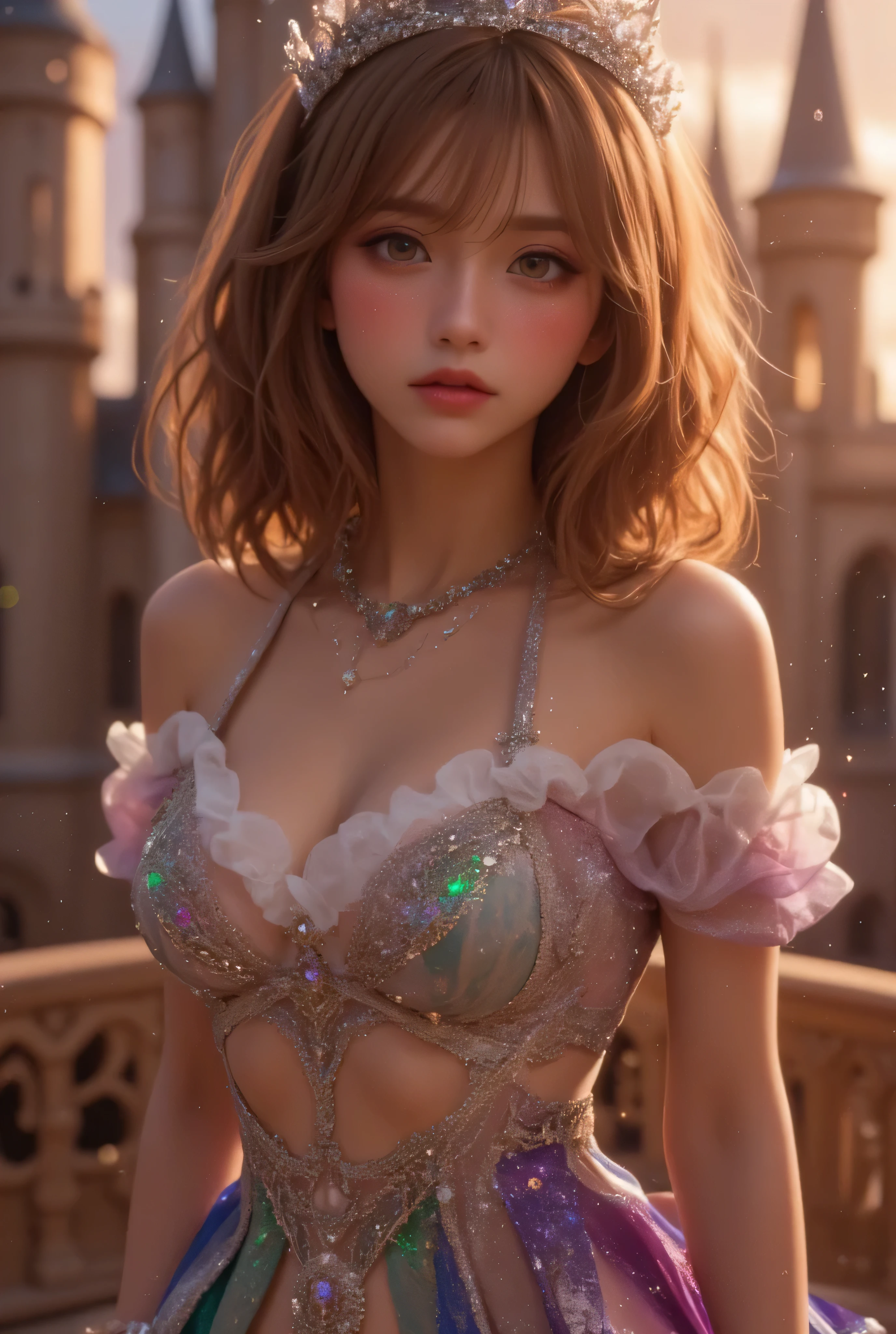 lors, deep contrast, super real, pink lipstick, lovely atmosphere, cinematic composition, close-up of face. She is wearing a breathtakingly opulent princess dress with flowing, multi-layered fabrics in a mesmerizing blend of royal blue, deep crimson, emerald green, and shimmering violet, creating a dazzling gradient effect. The dress is adorned with intricate golden and silver embroidery, forming delicate floral and celestial patterns, intertwined with radiant, sparkling gems in shades of sapphire, ruby, emerald, and amethyst. The off-shoulder design is enhanced with sheer, shimmering fabrics that drape elegantly, catching the light like woven stardust. Her bodice is encrusted with fine jewel embellishments, and a beautifully detailed silver and gold belt cinches her waist, adding to the regal elegance. She also wears a dazzling gemstone necklace, a delicate tiara of intertwined silver and gold adorned with pearls and precious stones, and an exquisite matching bracelet.

She stands gracefully in front of a magnificent castle with towering spires, intricate stonework, and glowing stained-glass windows that cast a kaleidoscope of colors onto the grand courtyard. The castle is bathed in the golden light of a setting sun, with the sky painted in warm hues of orange, pink, and purple. Ethereal sparkles fill the air, adding a magical glow to the scene. Her expression is serene, confident, and regal, exuding the grace and charm of a true fairy-tale princess in a fantastical, enchanted world.