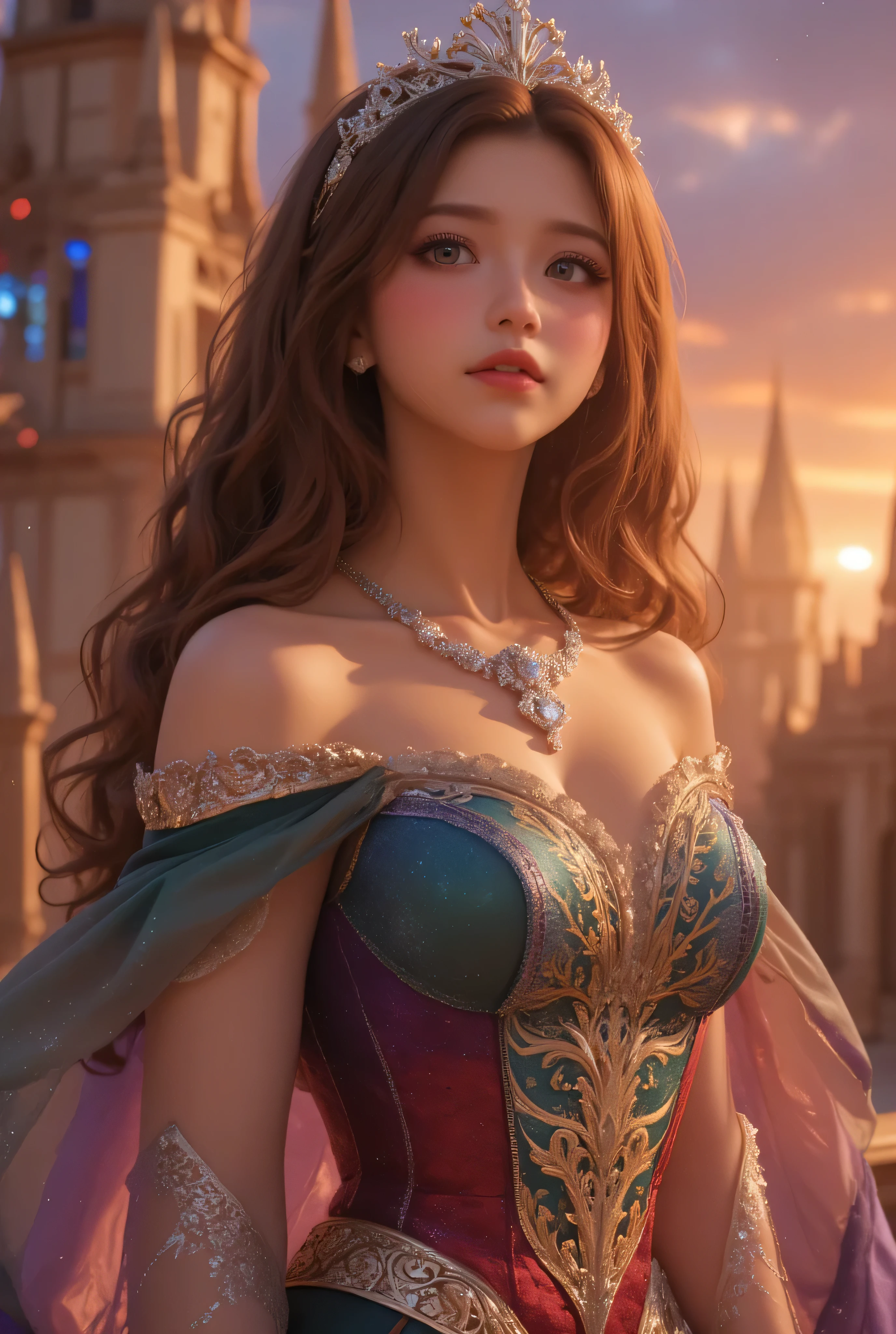 lors, deep contrast, super real, pink lipstick, lovely atmosphere, cinematic composition, close-up of face. She is wearing a breathtakingly opulent princess dress with flowing, multi-layered fabrics in a mesmerizing blend of royal blue, deep crimson, emerald green, and shimmering violet, creating a dazzling gradient effect. The dress is adorned with intricate golden and silver embroidery, forming delicate floral and celestial patterns, intertwined with radiant, sparkling gems in shades of sapphire, ruby, emerald, and amethyst. The off-shoulder design is enhanced with sheer, shimmering fabrics that drape elegantly, catching the light like woven stardust. Her bodice is encrusted with fine jewel embellishments, and a beautifully detailed silver and gold belt cinches her waist, adding to the regal elegance. She also wears a dazzling gemstone necklace, a delicate tiara of intertwined silver and gold adorned with pearls and precious stones, and an exquisite matching bracelet.
She stands gracefully in front of a magnificent castle with towering spires, intricate stonework, and glowing stained-glass windows that cast a kaleidoscope of colors onto the grand courtyard. The castle is bathed in the golden light of a setting sun, with the sky painted in warm hues of orange, pink, and purple. Ethereal sparkles fill the air, adding a magical glow to the scene. Her expression is serene, confident, and regal, exuding the grace and charm of a true fairy-tale princess in a fantastical, enchanted world.