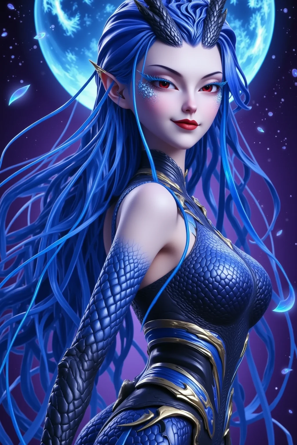 mermaid sitting on the moon with a blue hair and green tail, ariana grande as a mermaid, beautiful mermaid, cosmic goddess, in a lisa frank art style, goddess of galaxies, mermaid, mermaid body, galactic sized goddess, alien princess, celestial goddess, lunar goddess, iridescent scales on her body, she has iridescent membranes, [[fantasy]] have purple skin  and have 3 eyes , she a alien with antennae. , she a space mermaid , in 8k  purple skin 